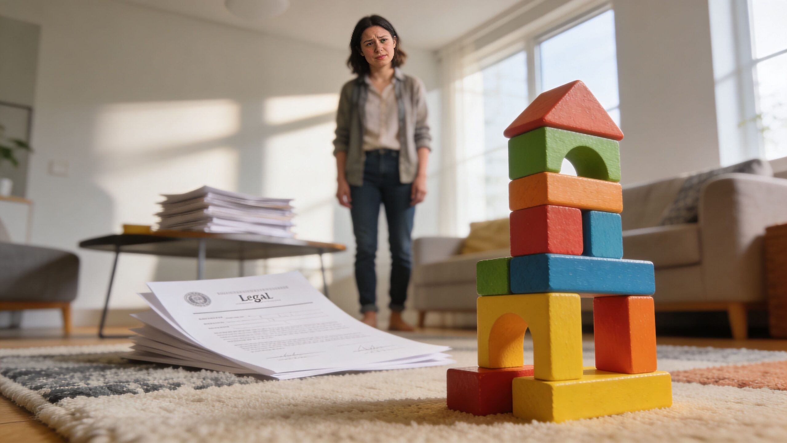 A concerned woman stands behind a pile of legal documents near a colorful wooden toy tower.