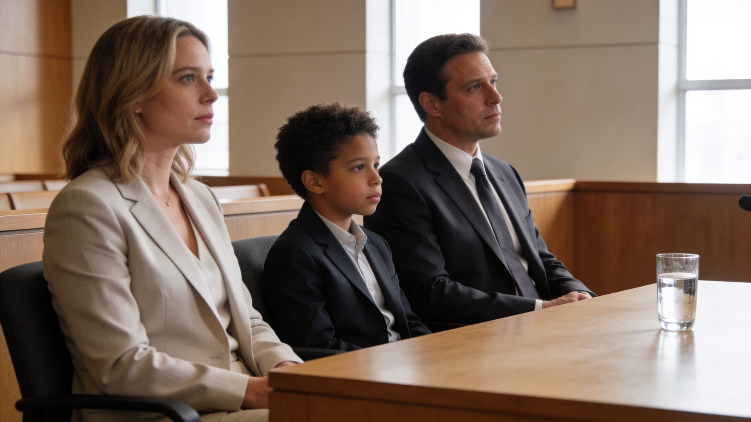 A woman, a young boy, and a man sit at a wooden table in a courtroom.