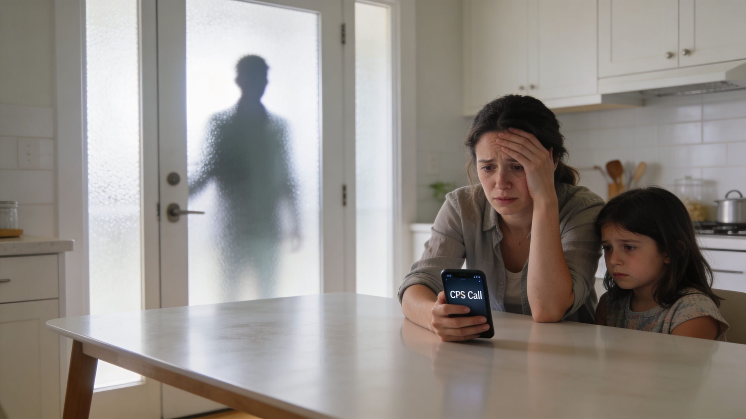 A concerned mother holding a phone labeled CPS Call with her daughter while a shadowy figure stands outside.