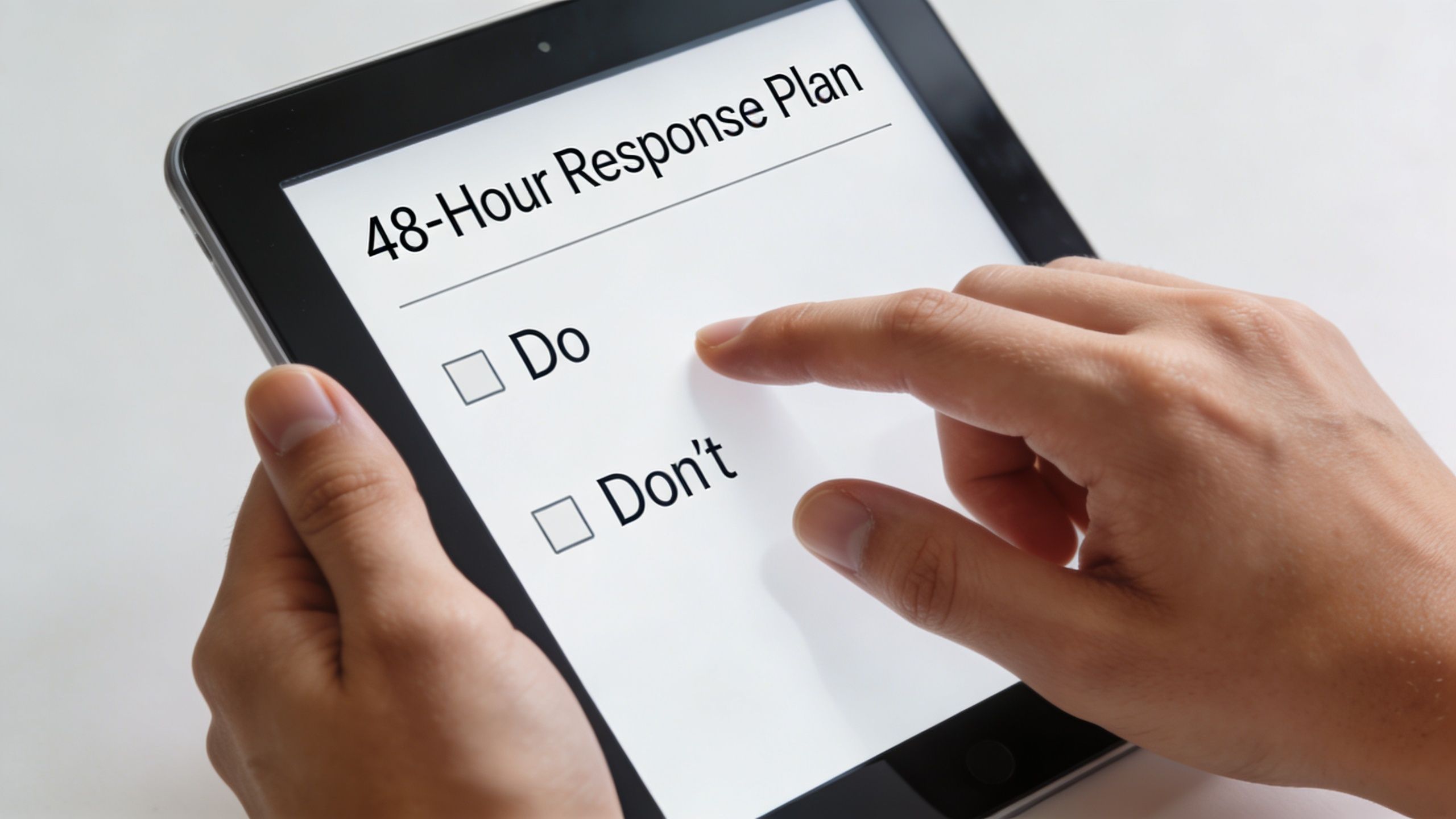 A person selecting Do on a 48-hour response plan checklist displayed on a digital tablet.
