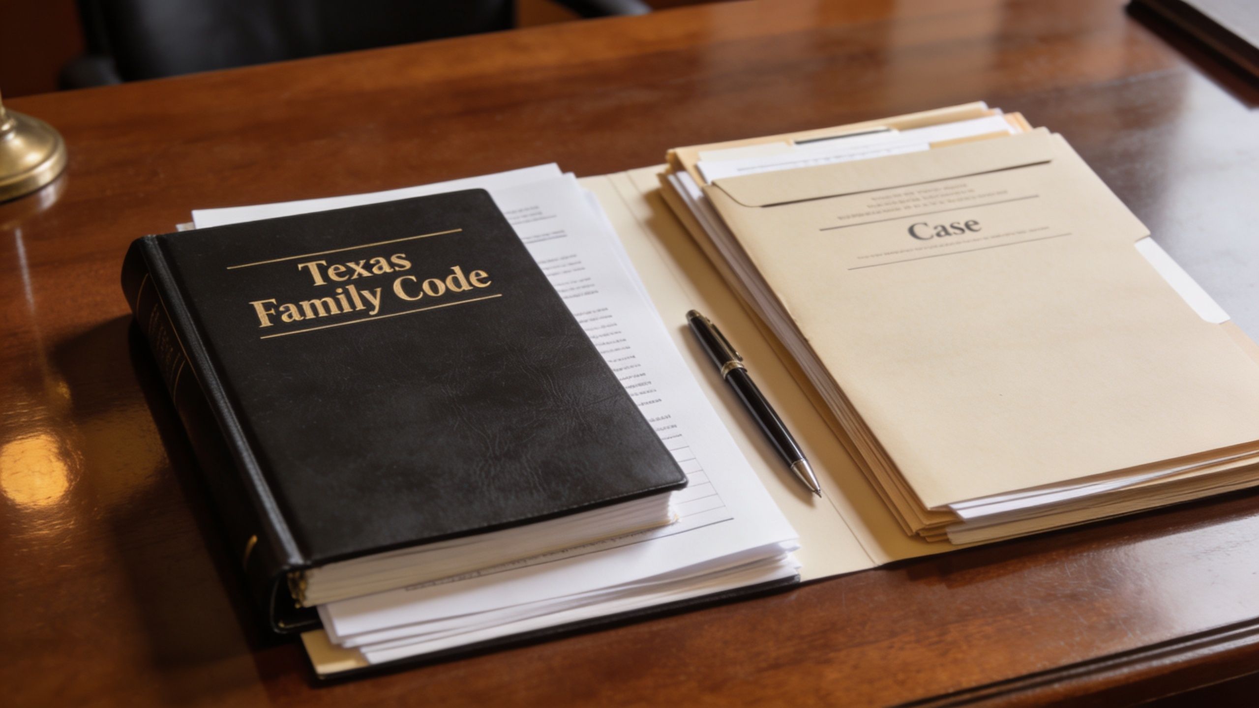 A black Texas Family Code book and a legal case file folder on a wooden desk.