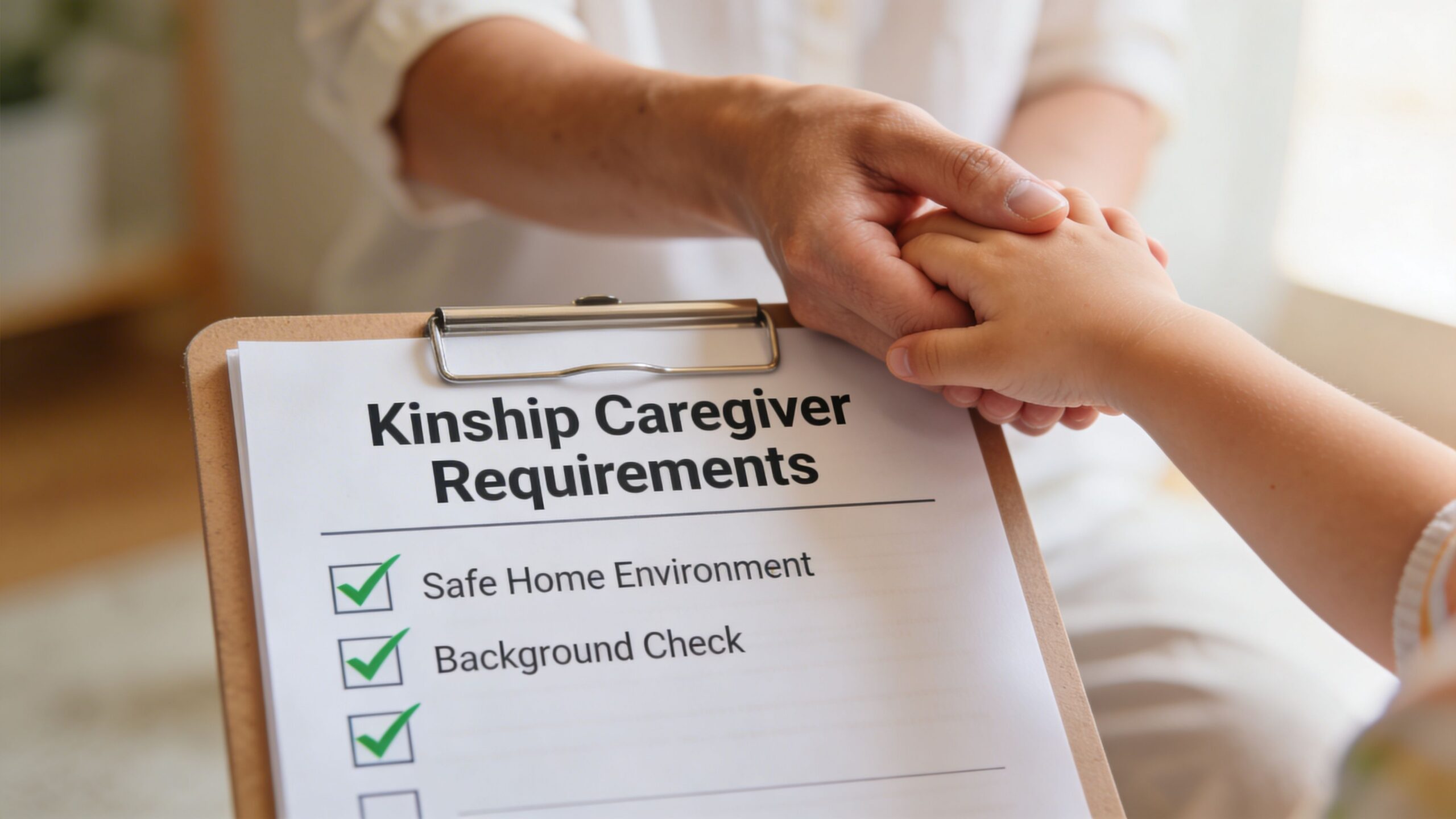 An adult holding a child's hand over a clipboard listing kinship caregiver requirements for home placement.