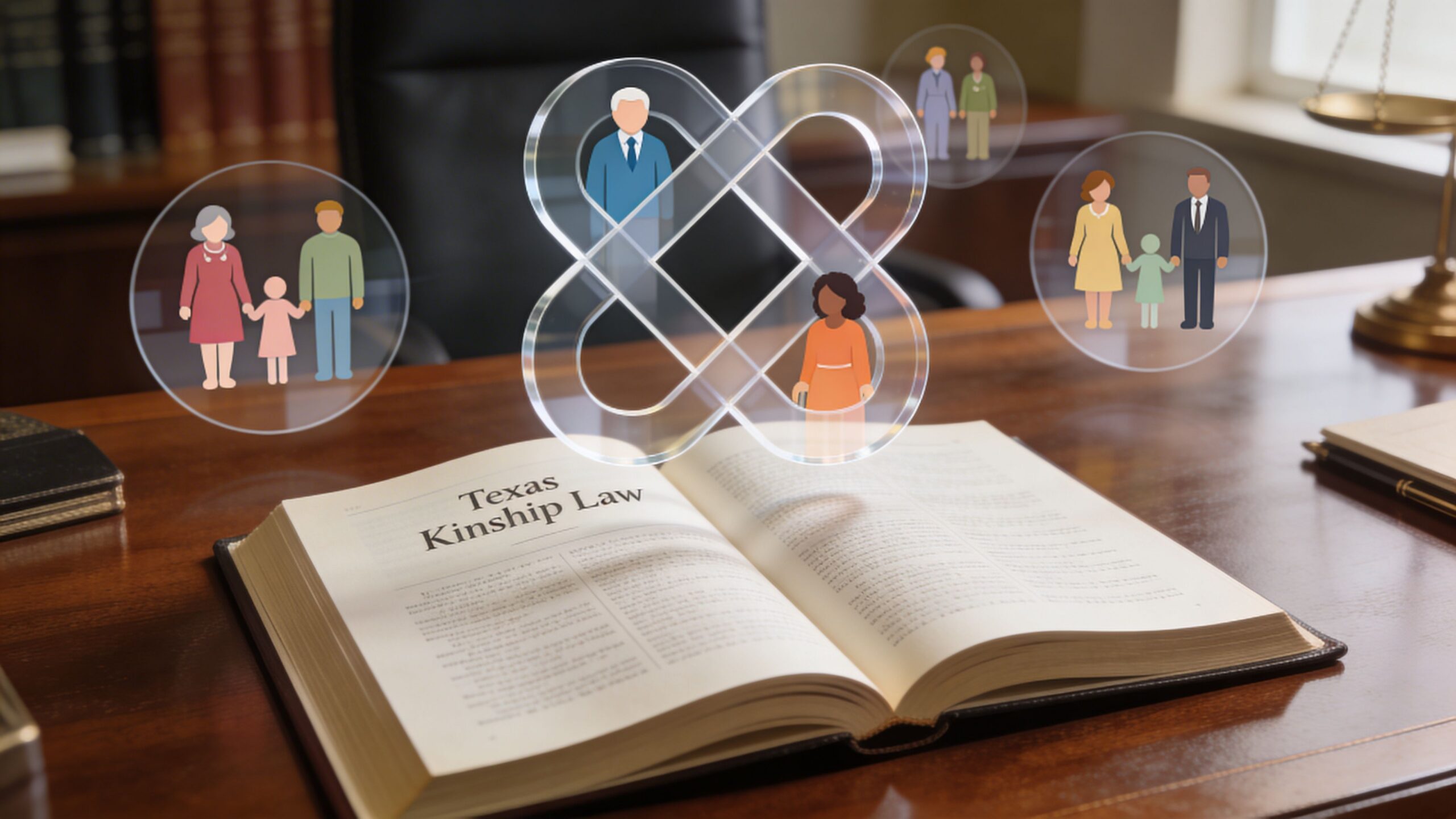 A book titled Texas Kinship Law lies on a wooden desk with glowing icons of families above.