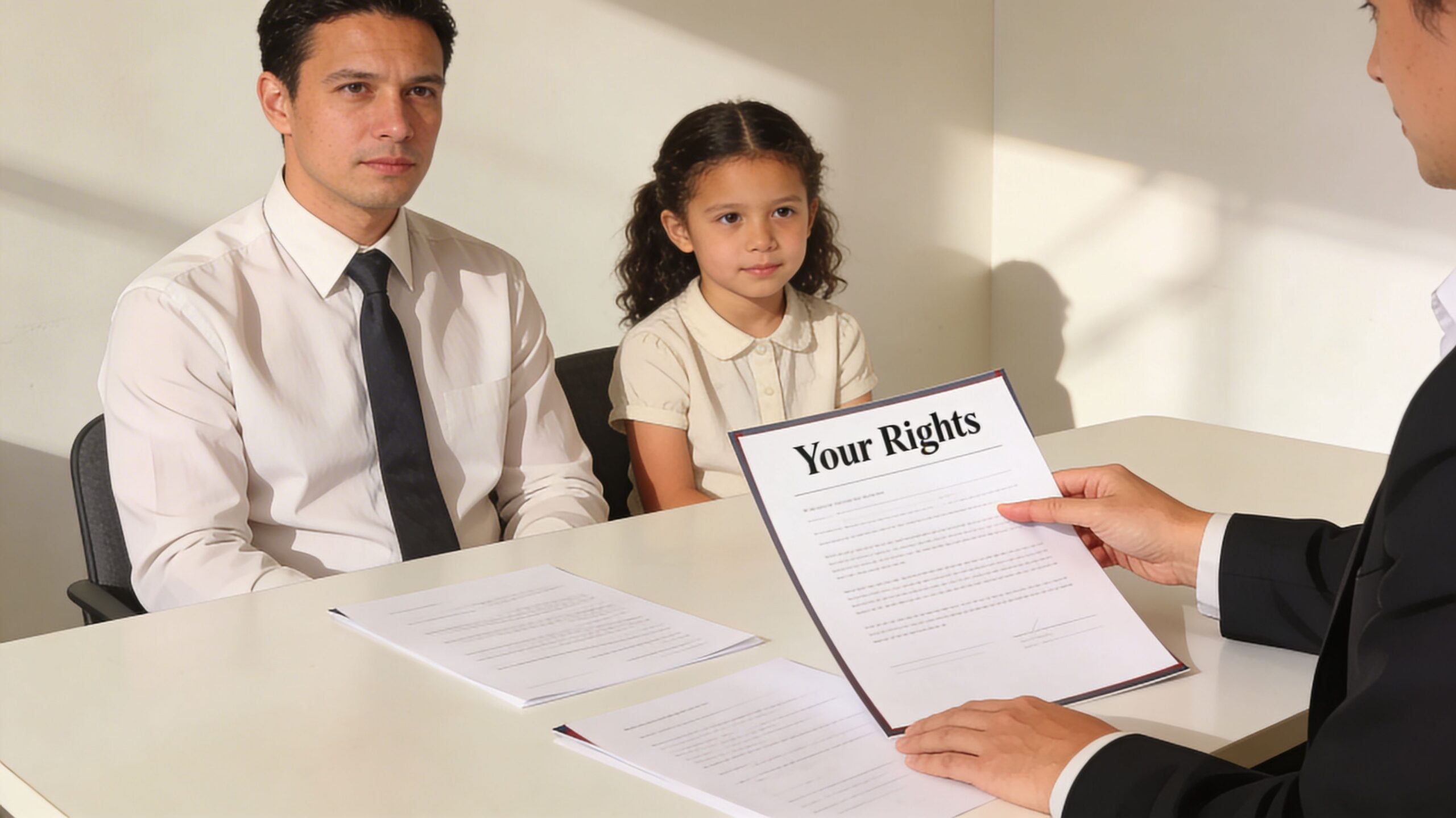 A man and a young girl sitting with a legal professional discussing a document titled Your Rights.