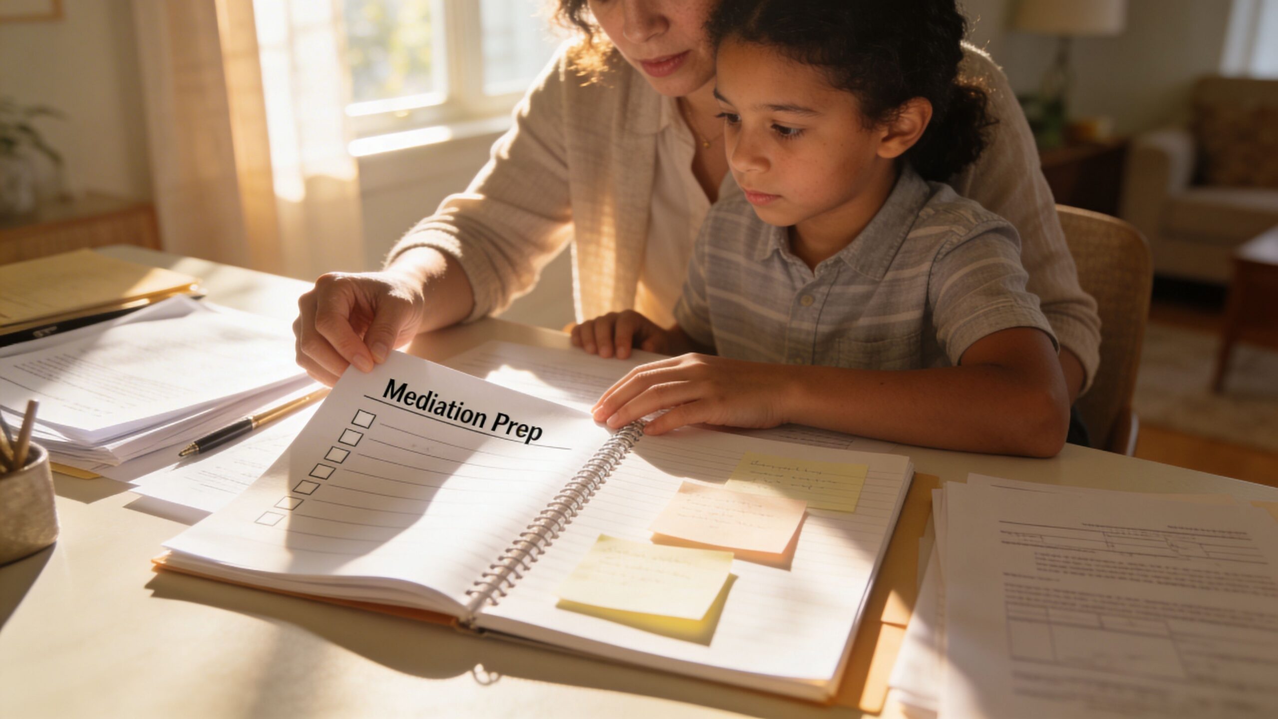 A mother and child sitting at a table together reviewing a mediation preparation checklist in a notebook.