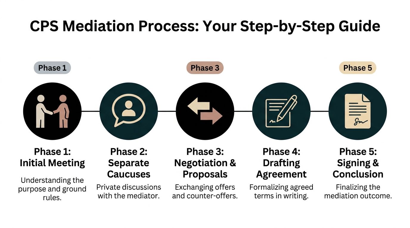 A flow chart illustrating the five-step CPS mediation process from the initial meeting to final agreement signing.