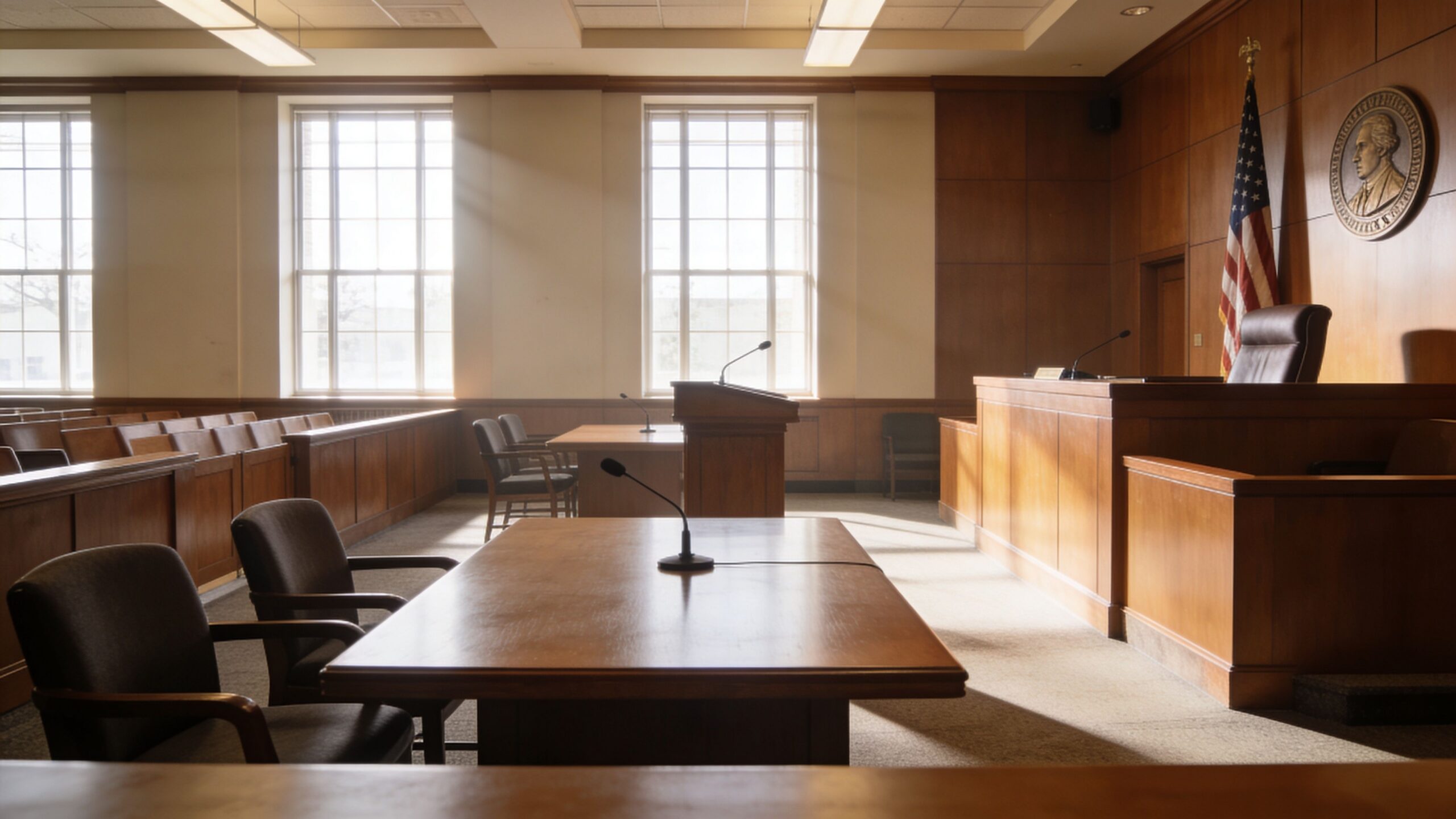 An empty, traditional American courtroom featuring wooden furniture, a judge's bench, and an American flag.