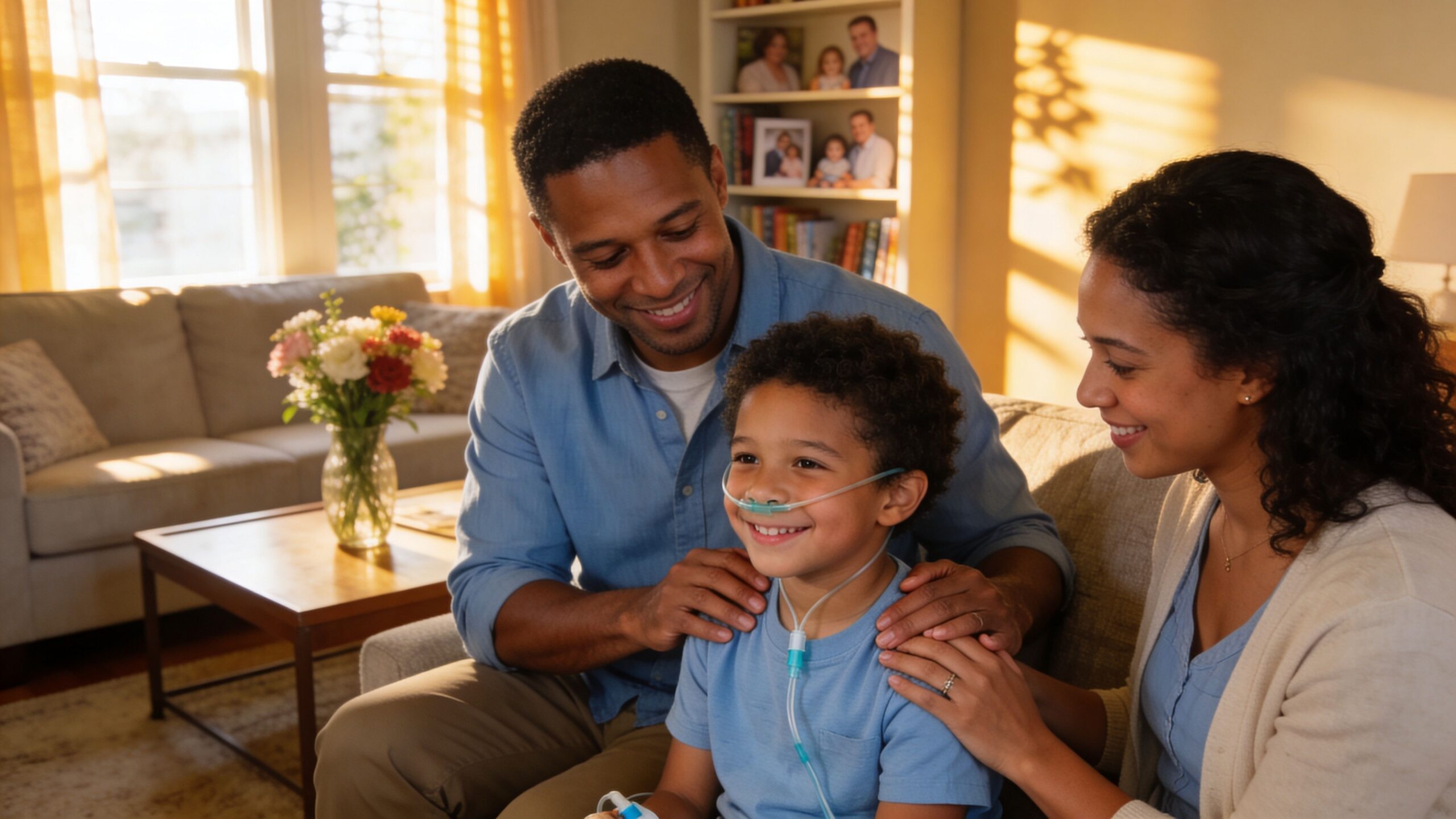 A loving family sitting together on a couch, with the young son using a nasal cannula.