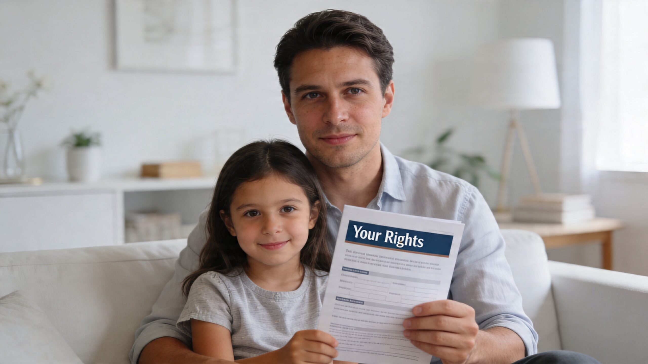 A father and his young daughter holding a document labeled Your Rights while sitting at home.