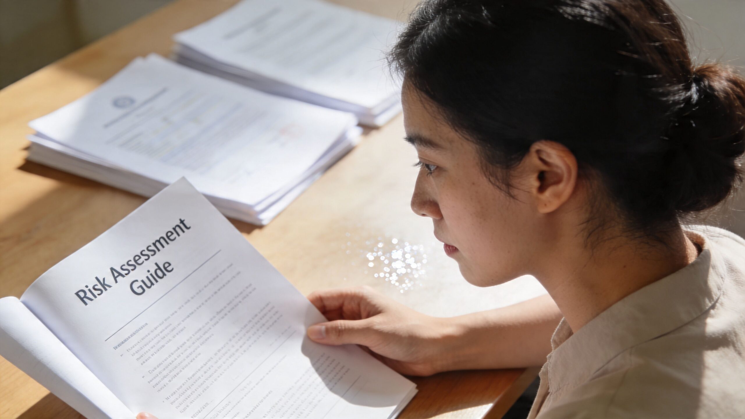 A focused woman reviewing a document titled Risk Assessment Guide while working at a wooden desk.