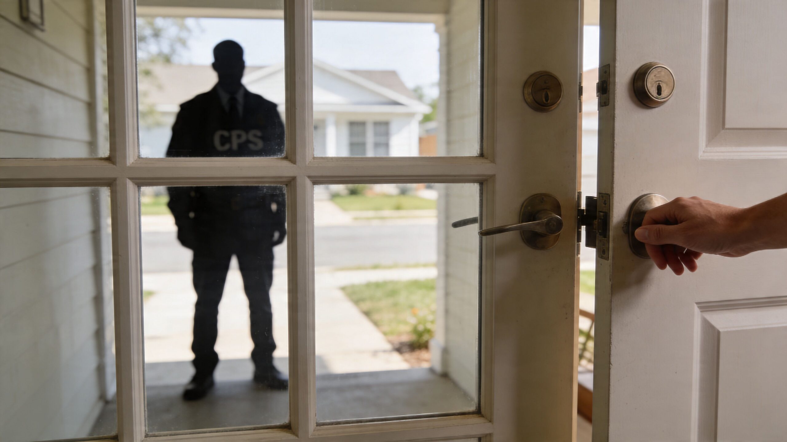 A person opens their front door to see a silhouette of a CPS agent standing outside.