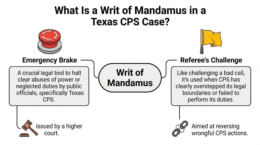 A diagram explaining a writ of mandamus as a legal tool against Texas CPS for official misconduct.