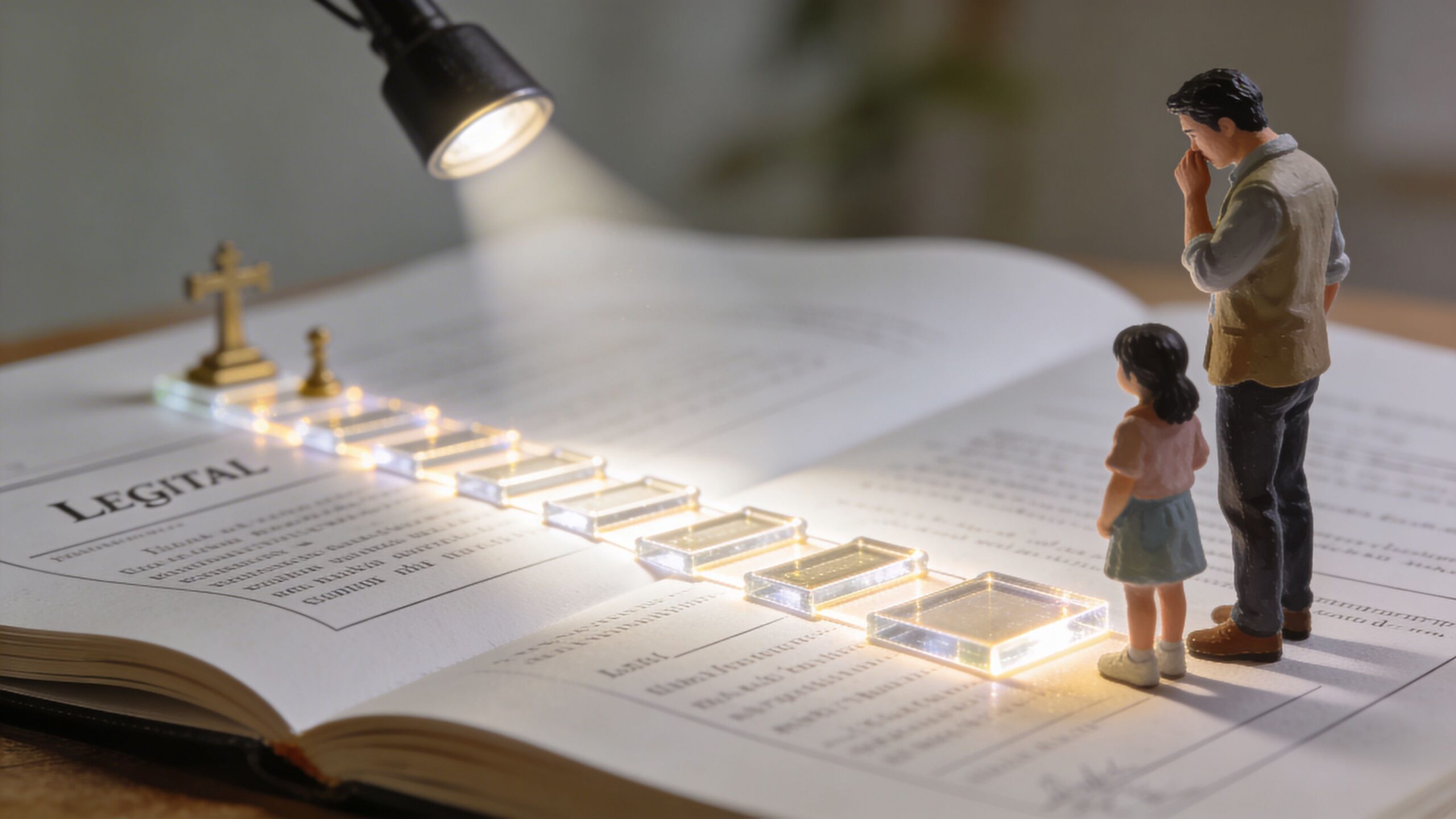 A miniature man and child standing before a path of glowing glass steps on an open book.