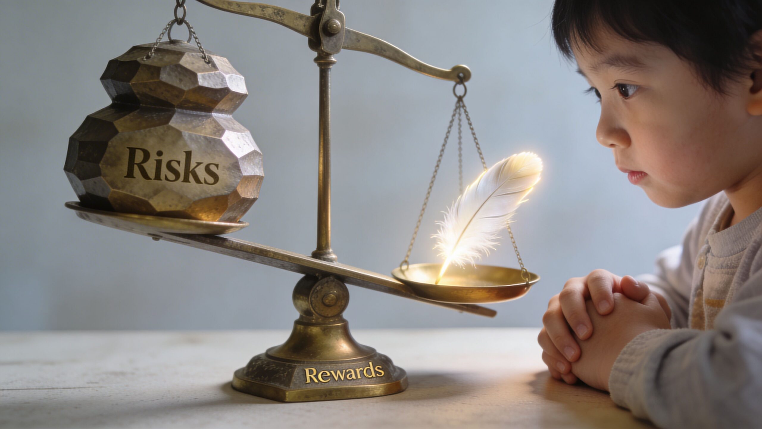 A young child thoughtfully watches a balance scale weighing risks against a glowing feather representing rewards.