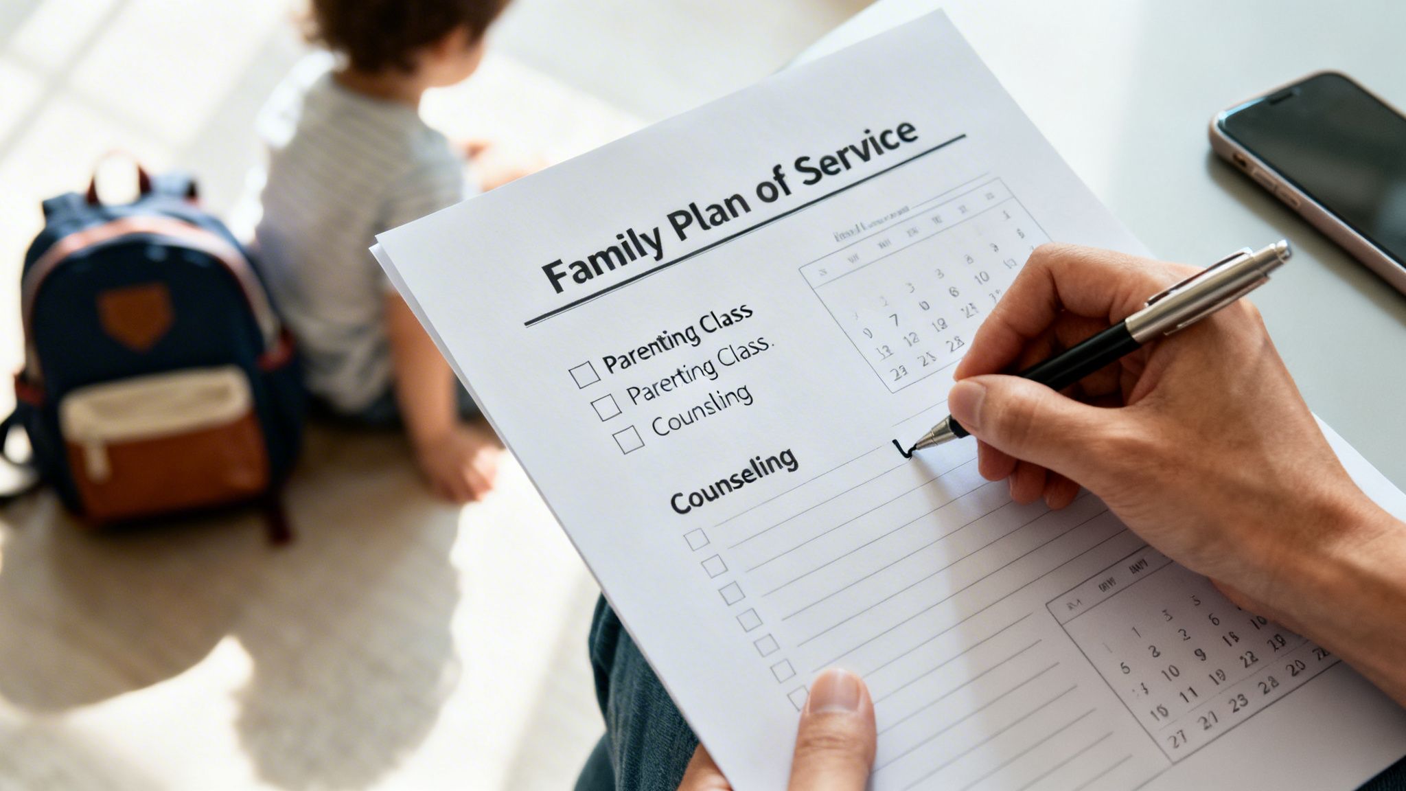 A person writes on a 'Family Plan of Service' document, with checkboxes for parenting classes and counseling, while a child sits nearby.