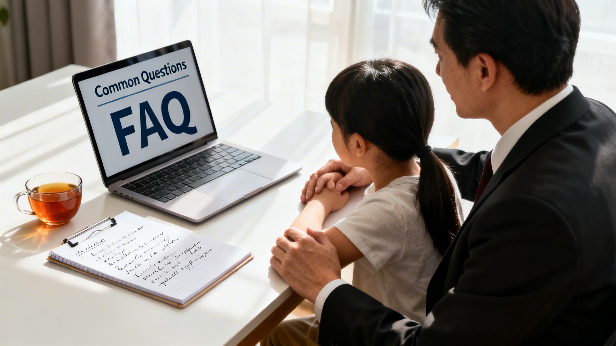 Father and daughter look at a laptop displaying 'Common Questions FAQ' with tea and notes.