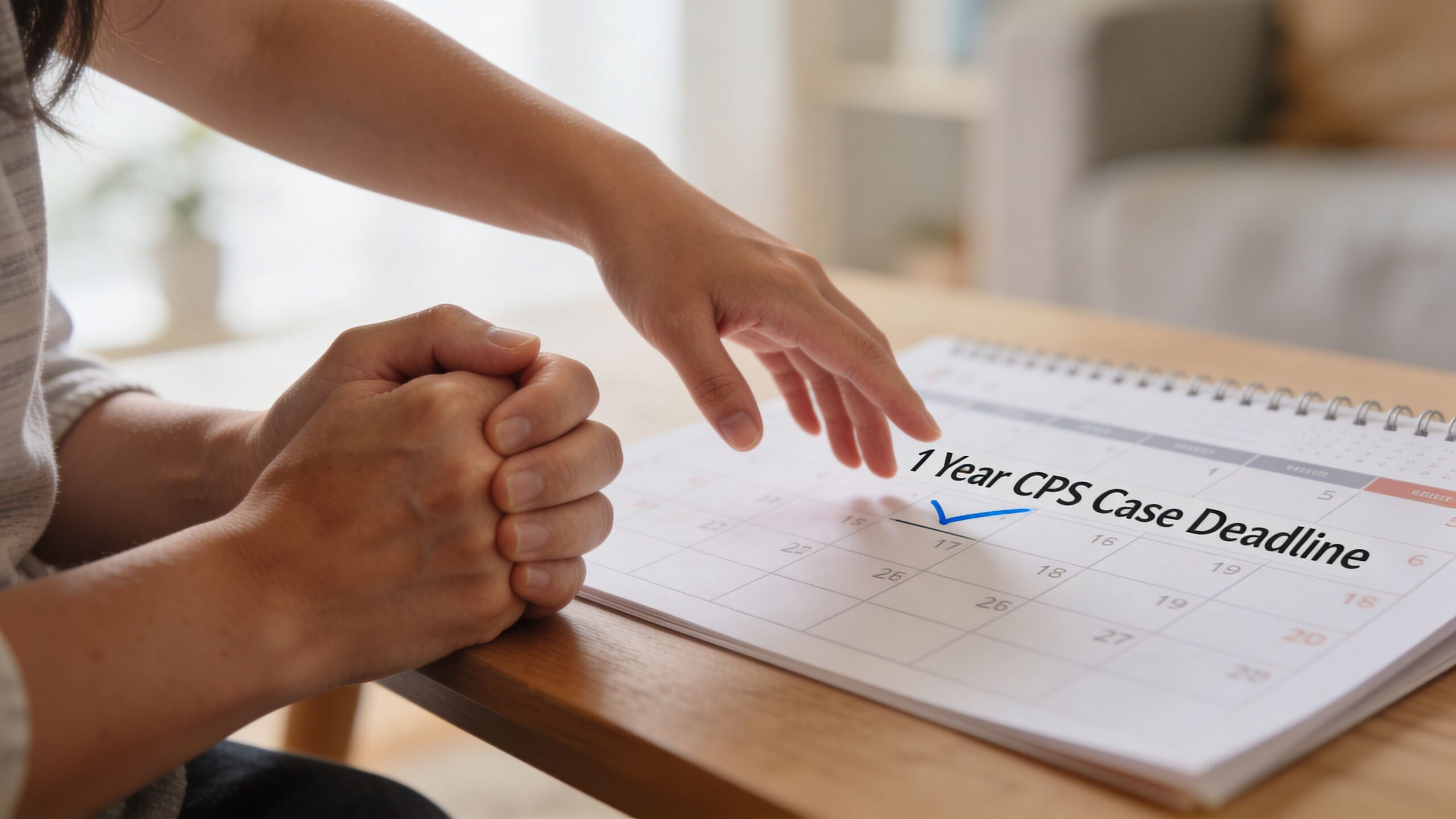 A person looking anxiously at a calendar marked with a 1 Year CPS Case Deadline notation.