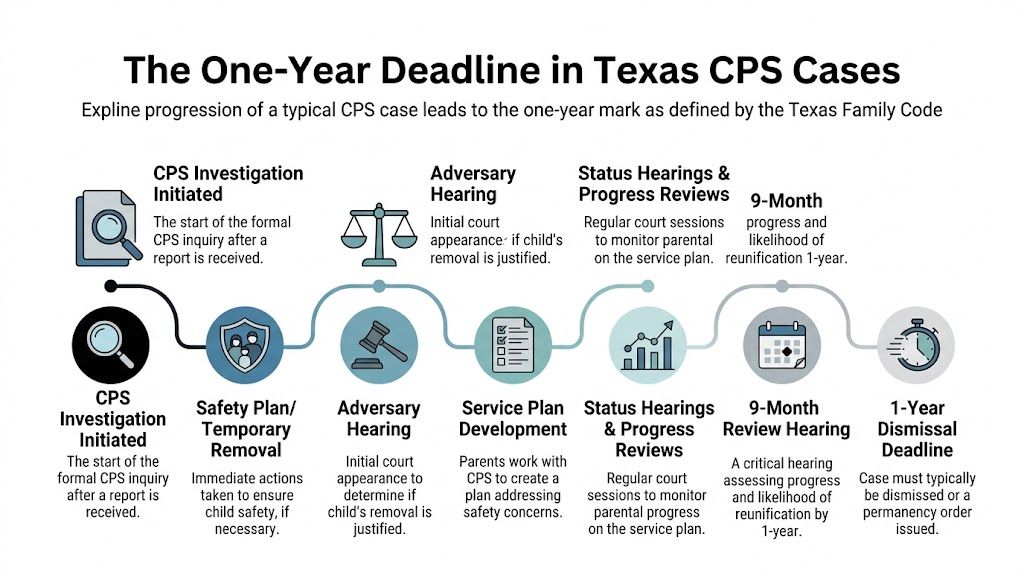 A timeline graphic illustrating the steps of a typical Texas CPS case leading to a one-year deadline.