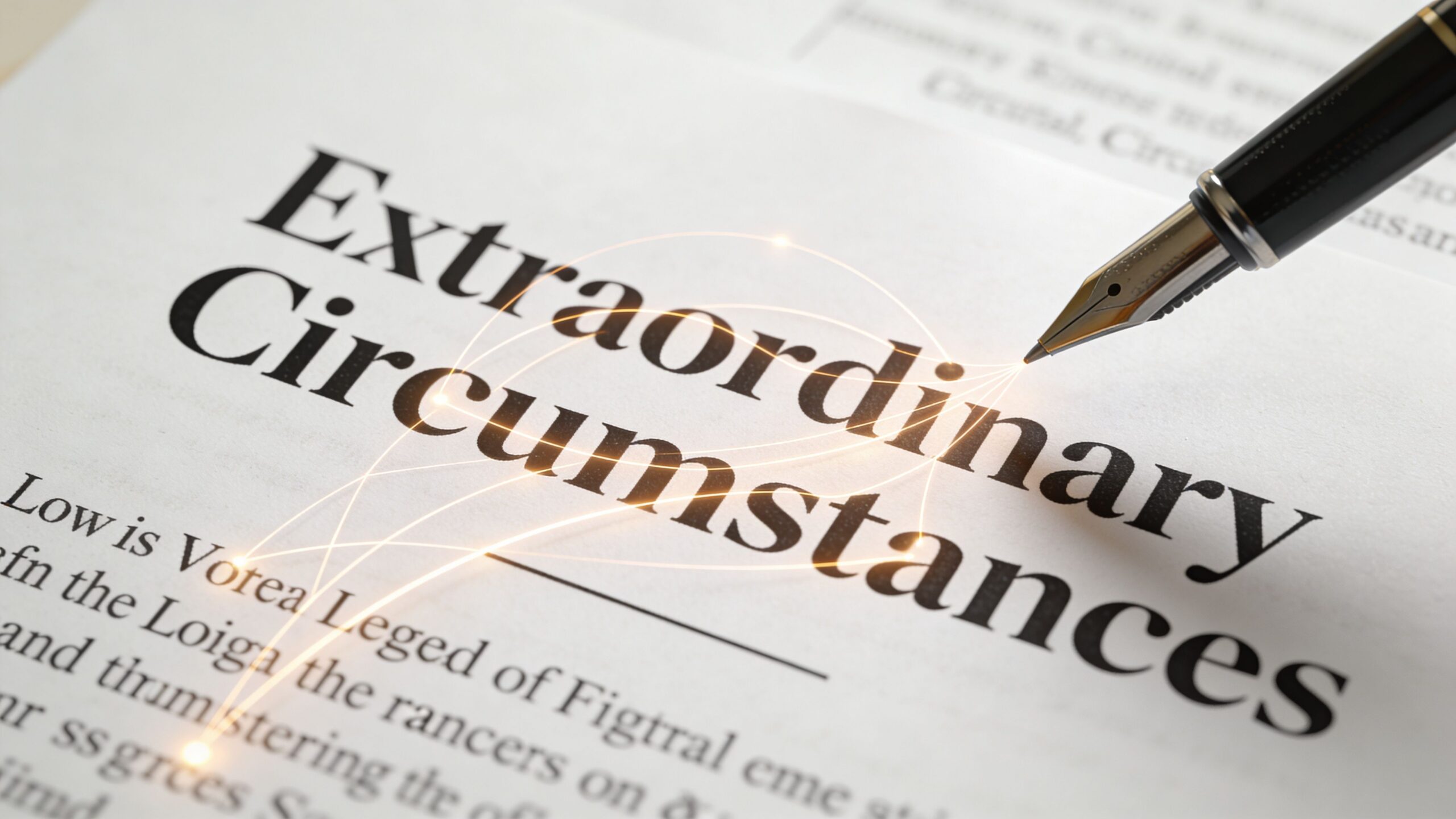 A fountain pen rests on a document featuring the bold heading Extraordinary Circumstances with glowing network lines.