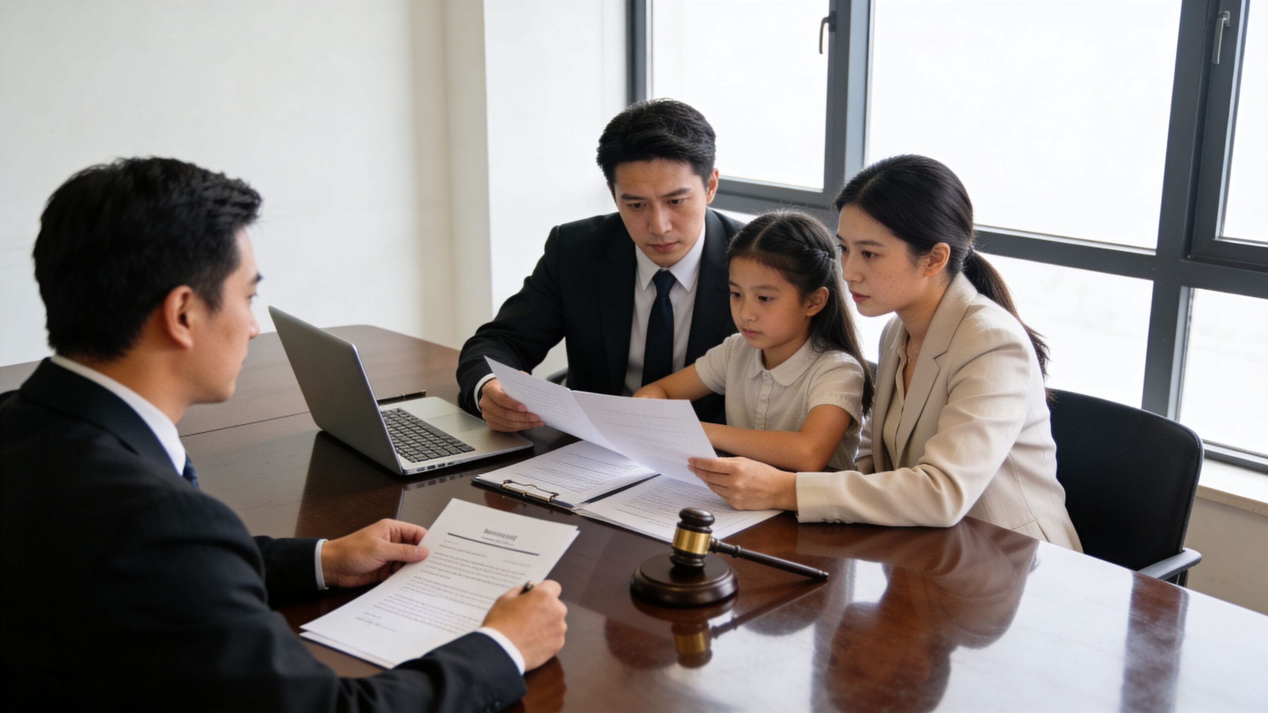 A family consulting with a lawyer in an office with legal documents and a wooden gavel