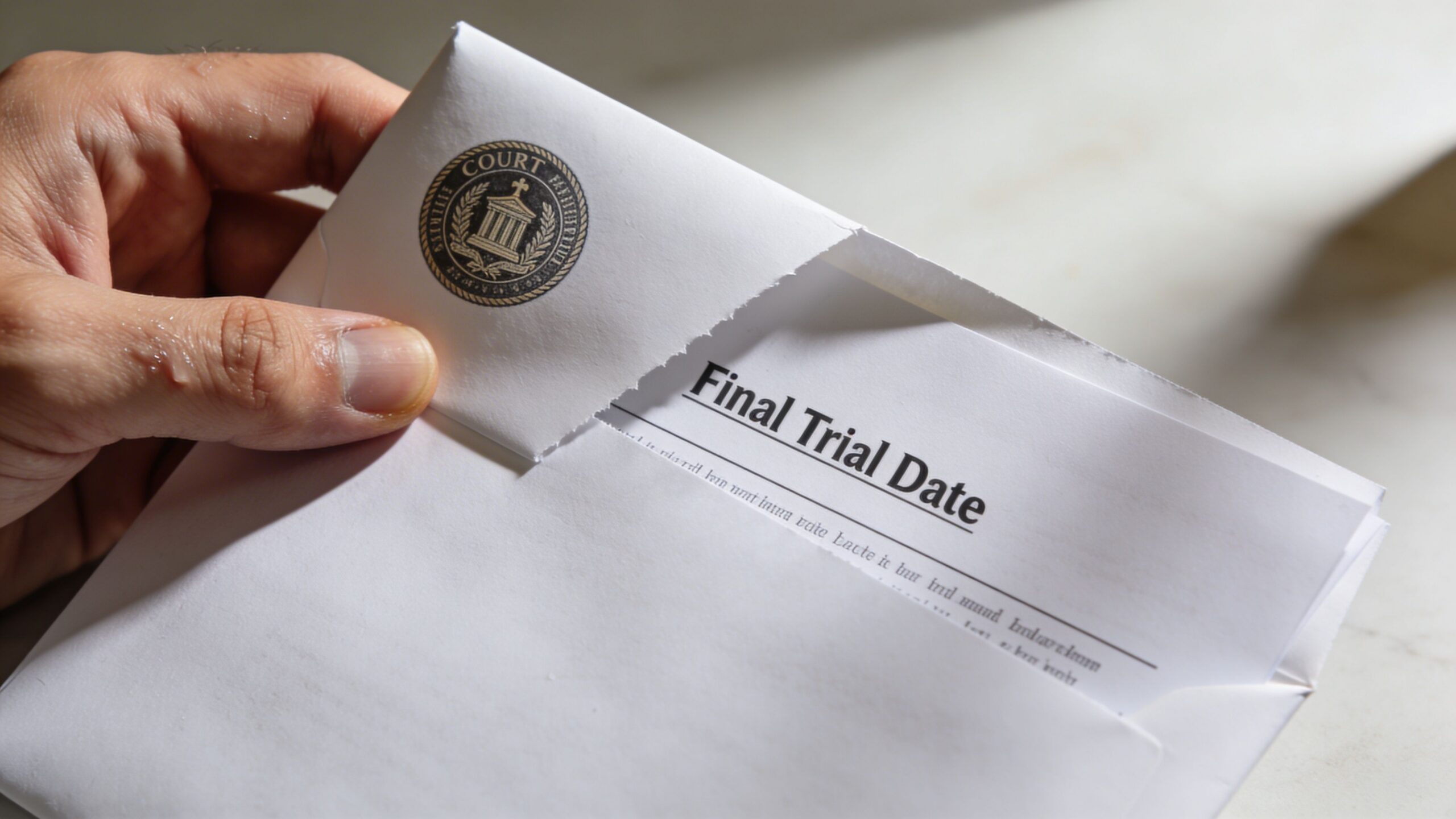 A hand holding a white envelope stamped with a court seal containing a final trial date document.