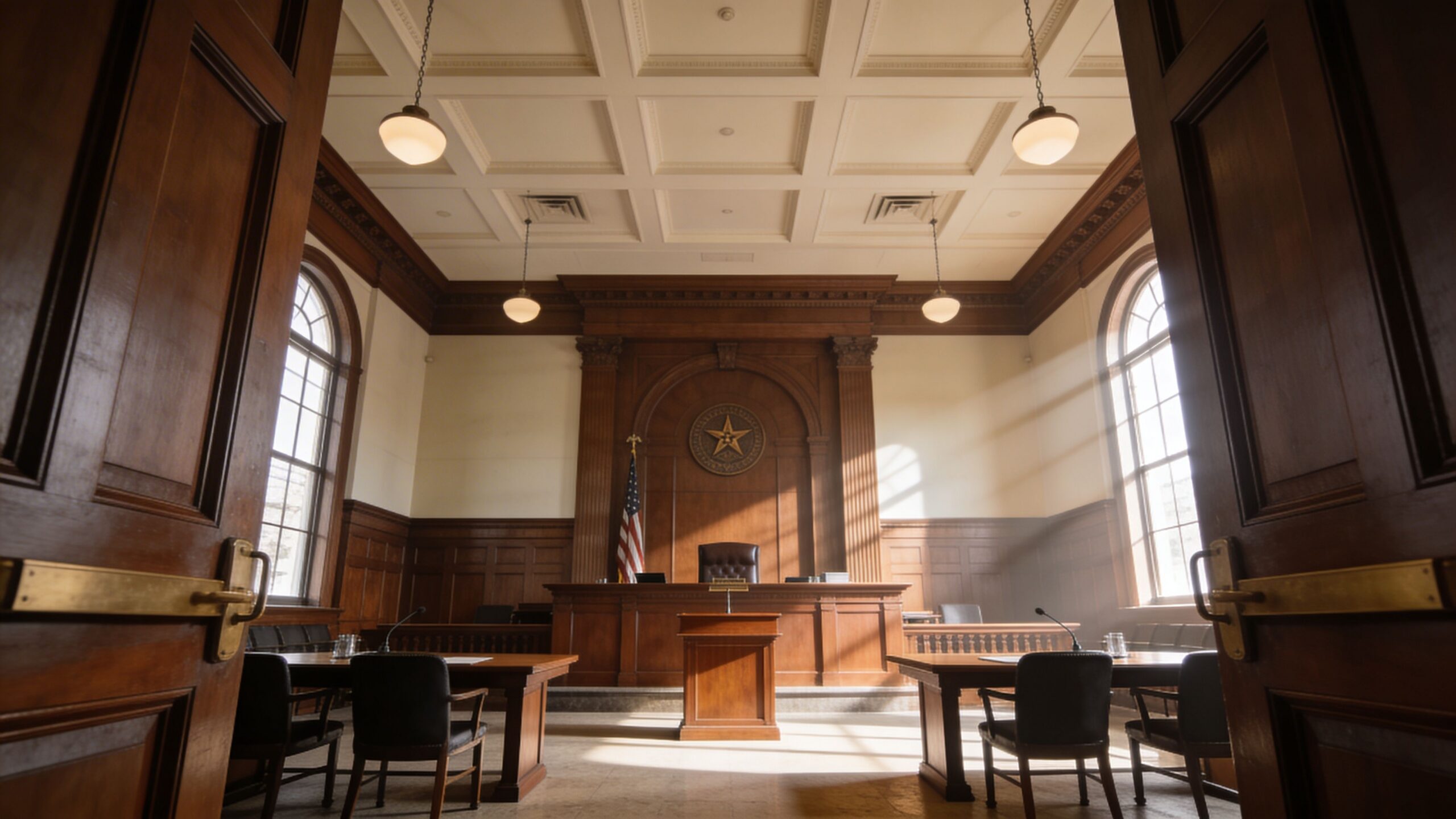 An empty, traditional courtroom in Texas with wood paneling, a judge's bench, and the Texas state seal.