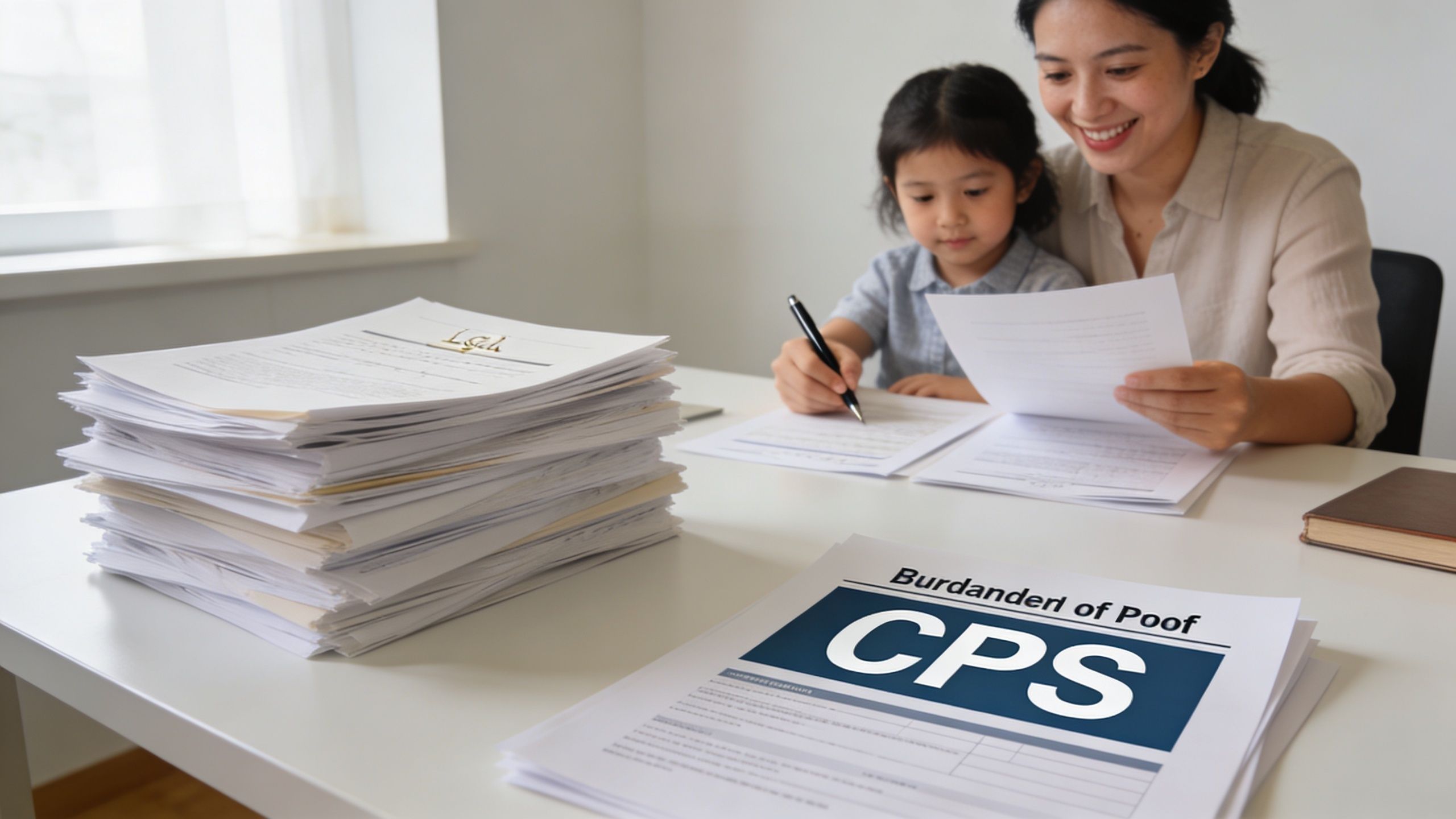 A mother and daughter reviewing paperwork together at a desk with a large stack of legal documents.