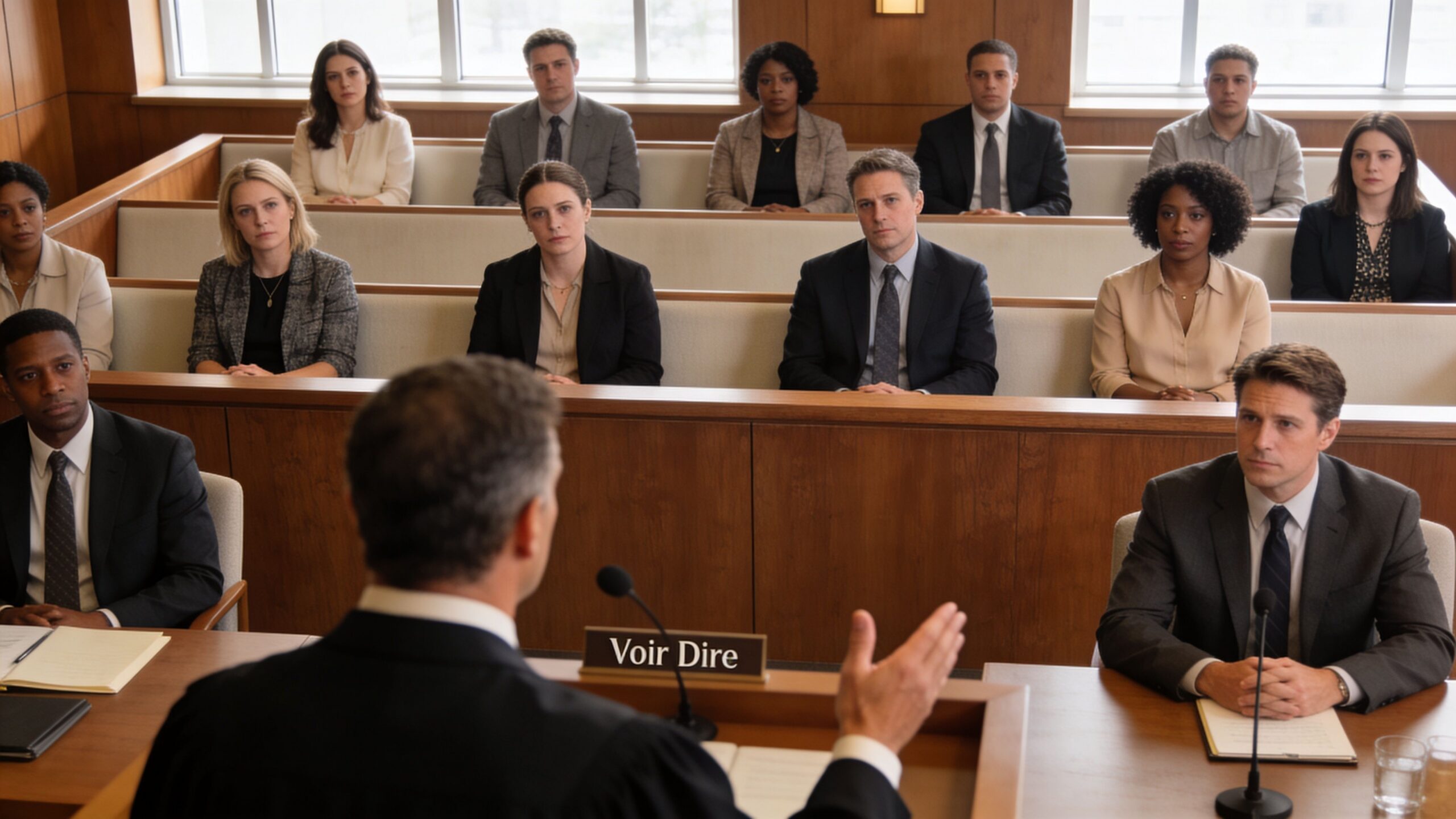 A judge in a courtroom addresses a jury during a legal trial proceeding in a formal setting.