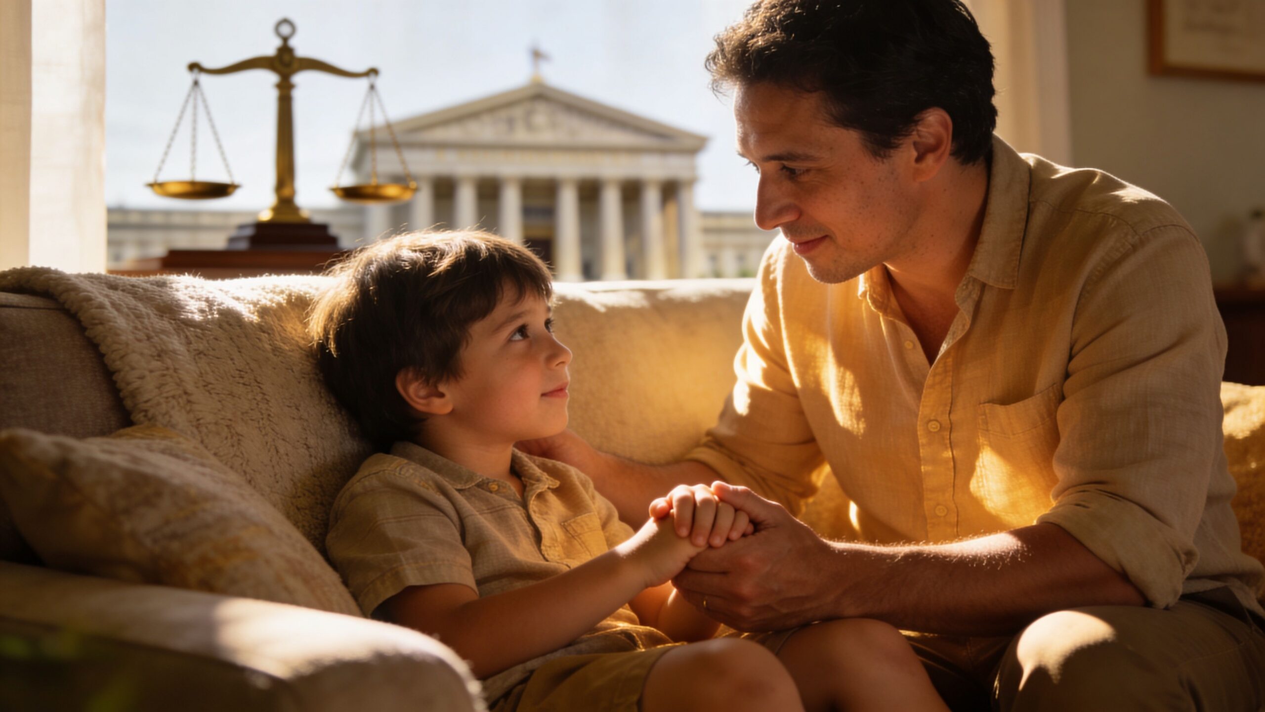 A father comfortingly holding his young son's hands inside a room with a courthouse view.