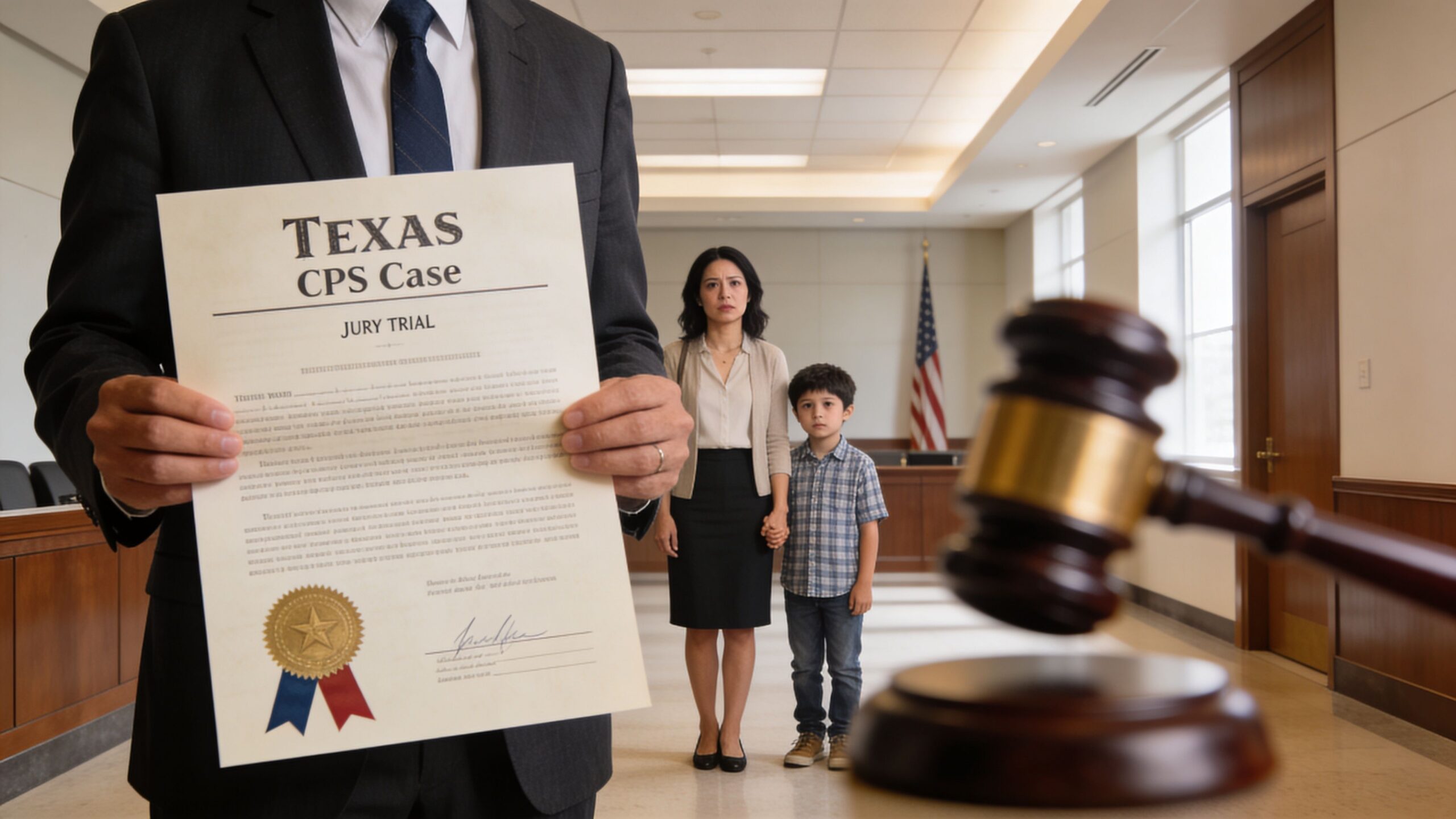 A legal professional holding a Texas CPS case jury trial document in front of a mother and child.