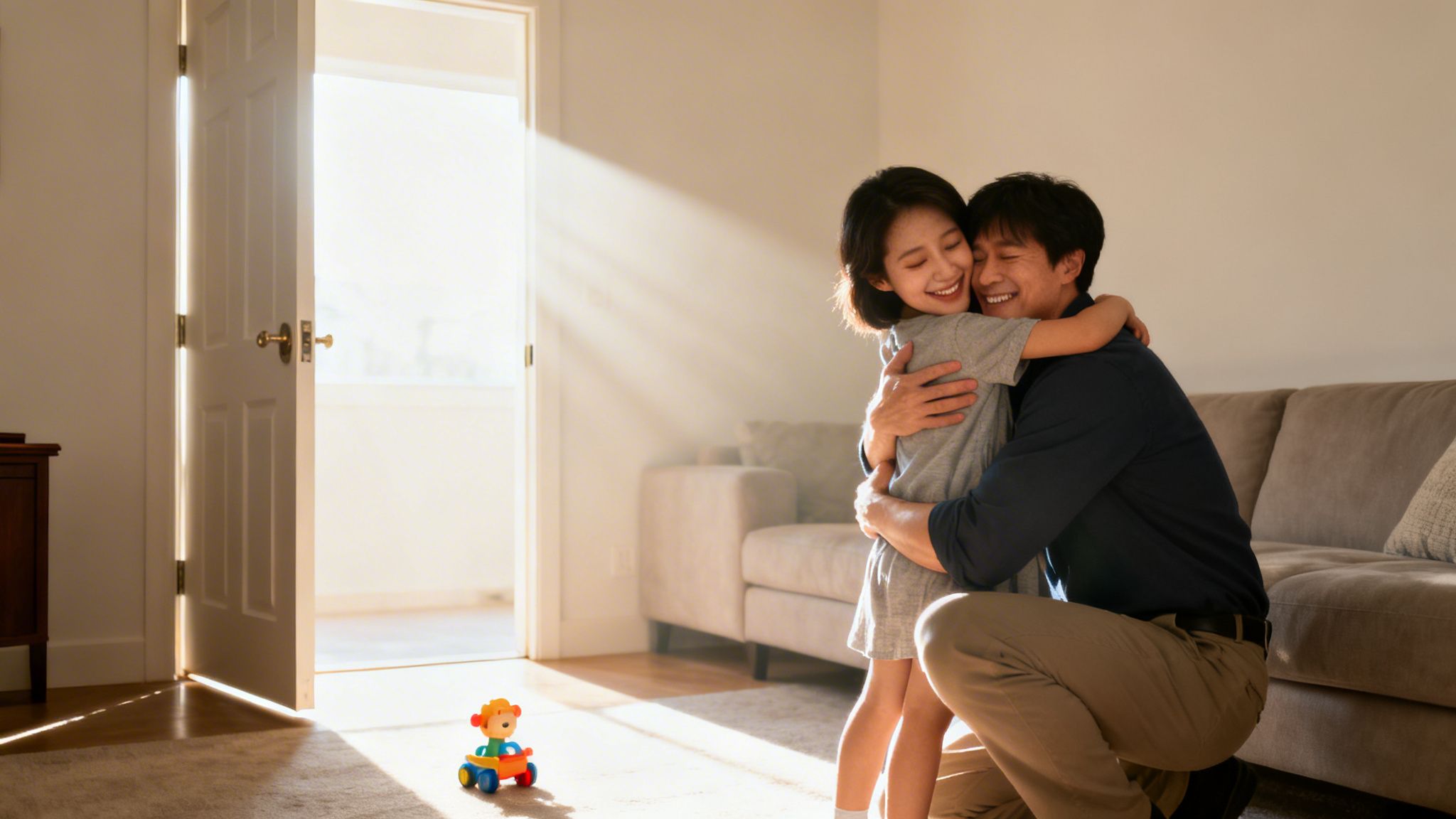 A smiling father and daughter share a warm hug in a sunlit room, creating a heartwarming moment.