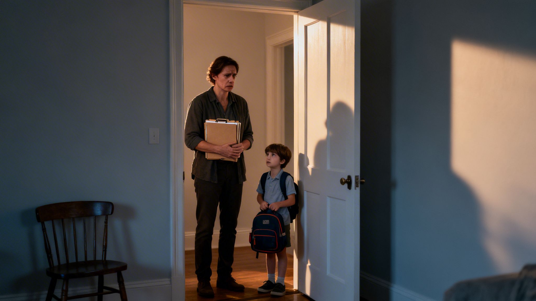 A concerned man holding clipboards stands with a young boy wearing a backpack in a doorway.