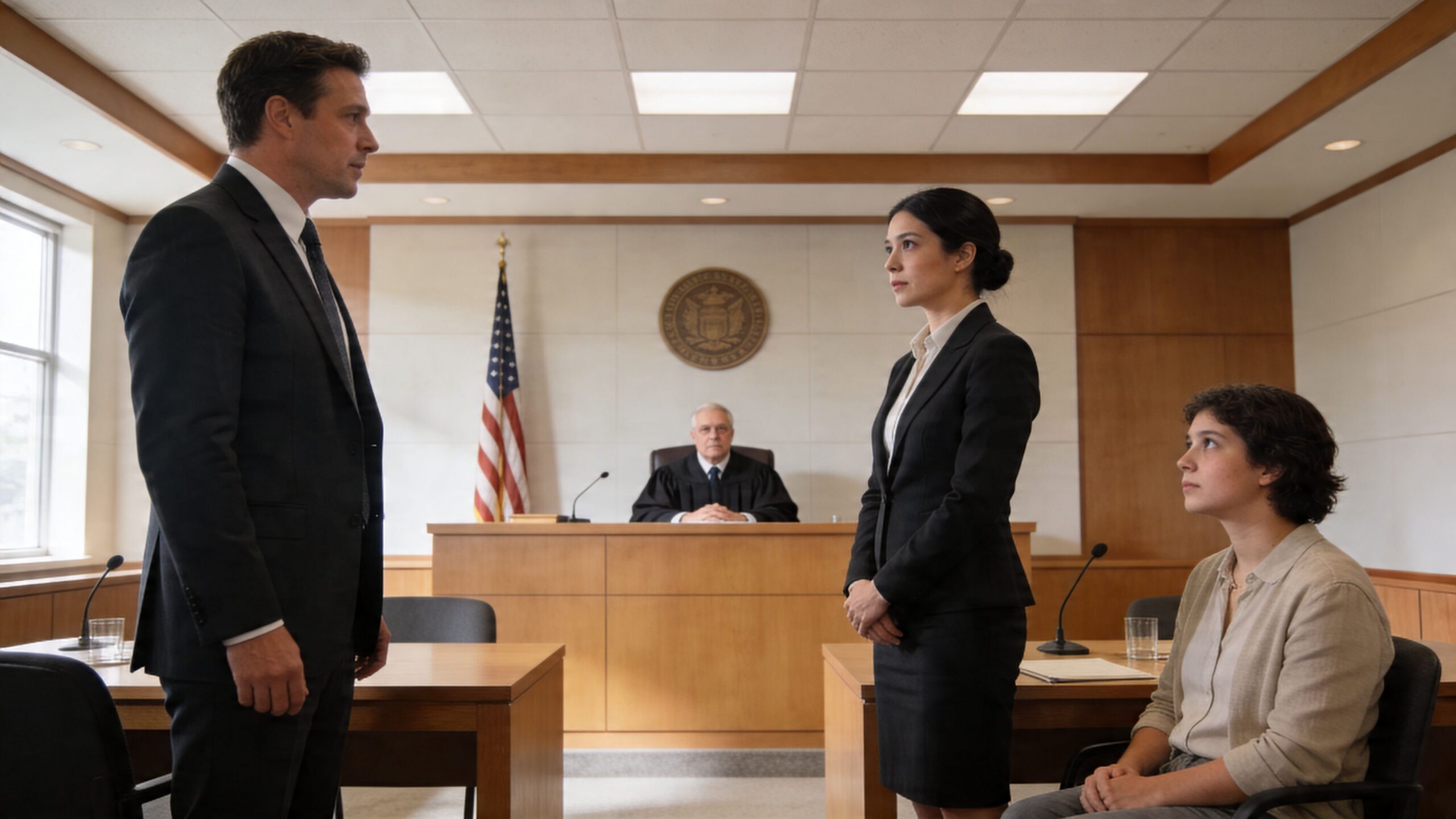 A courtroom scene featuring a lawyer, a judge, and a young woman sitting at a defense table.
