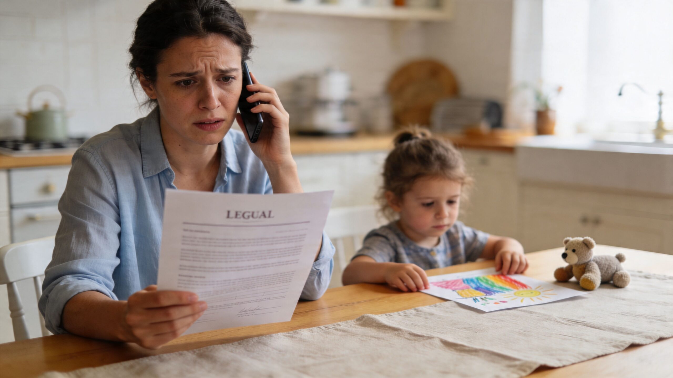 A concerned mother reading a legal document while speaking on the phone with her daughter nearby.