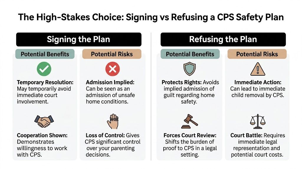 A comparison chart outlining the potential benefits and risks of signing or refusing a CPS safety plan.