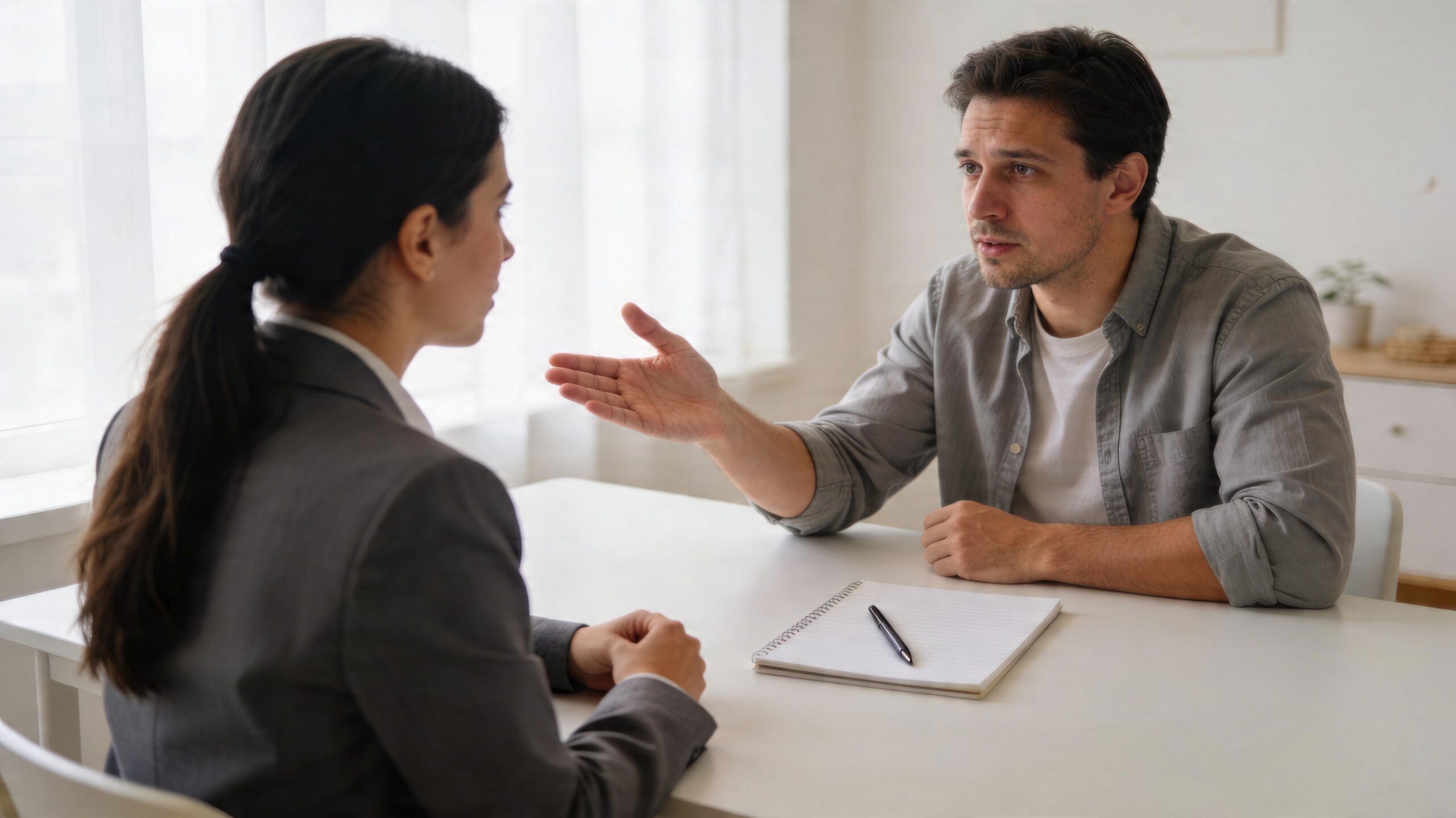A man explaining a situation to a female professional in a formal setting during a conversation.