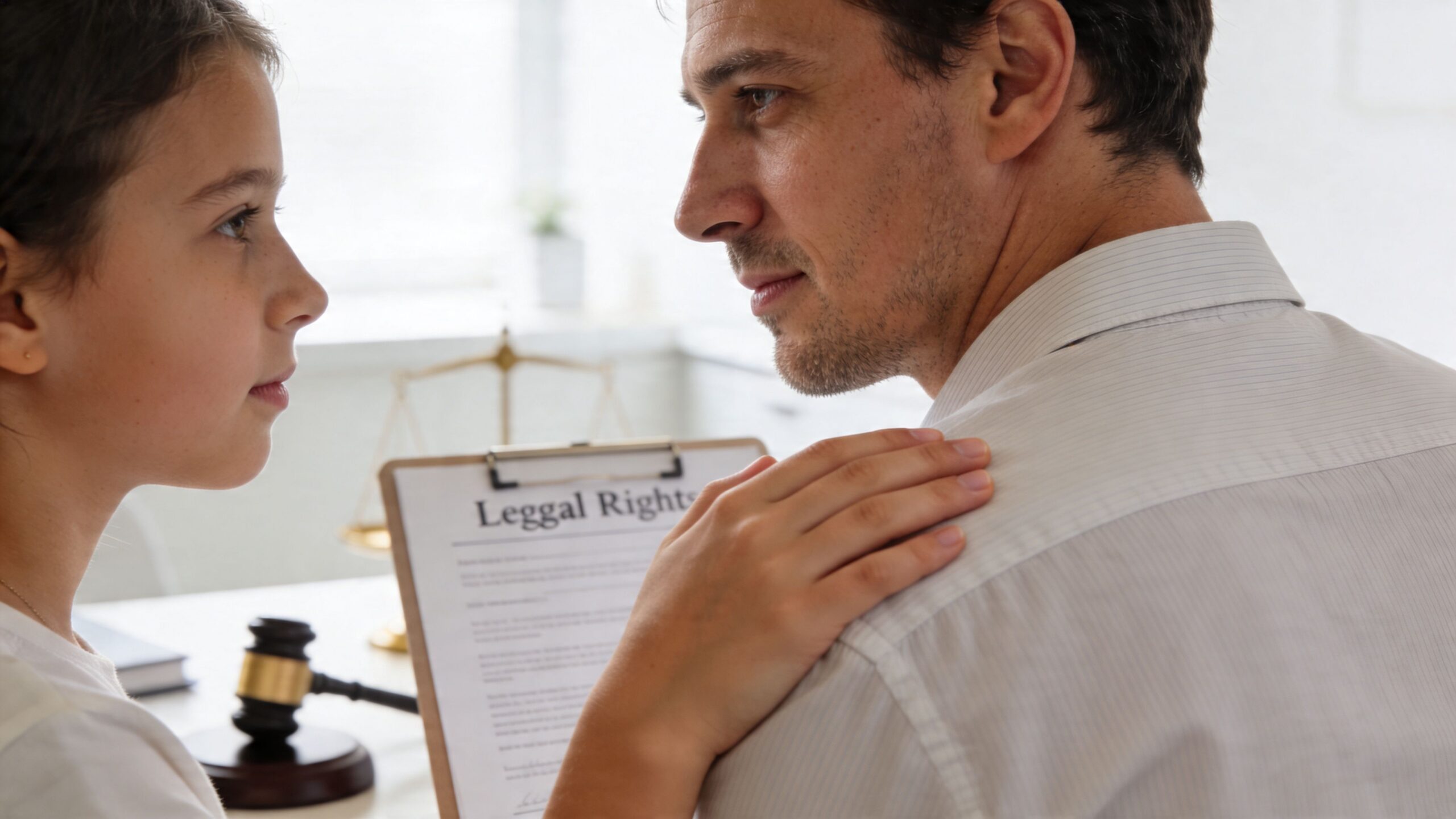 A young girl rests her hand on a man's shoulder while looking at him during a legal meeting.