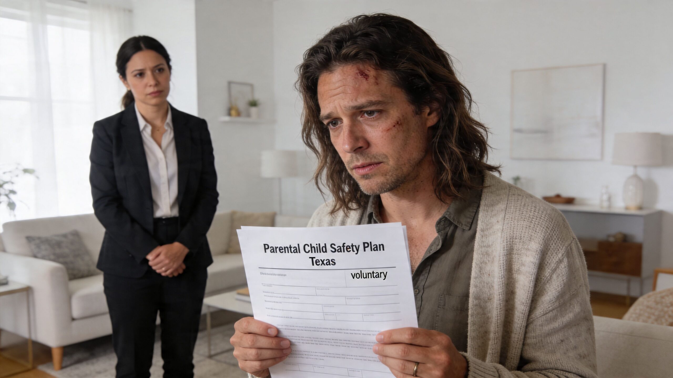 A concerned man holding a Parental Child Safety Plan document in Texas while a professional woman watches.