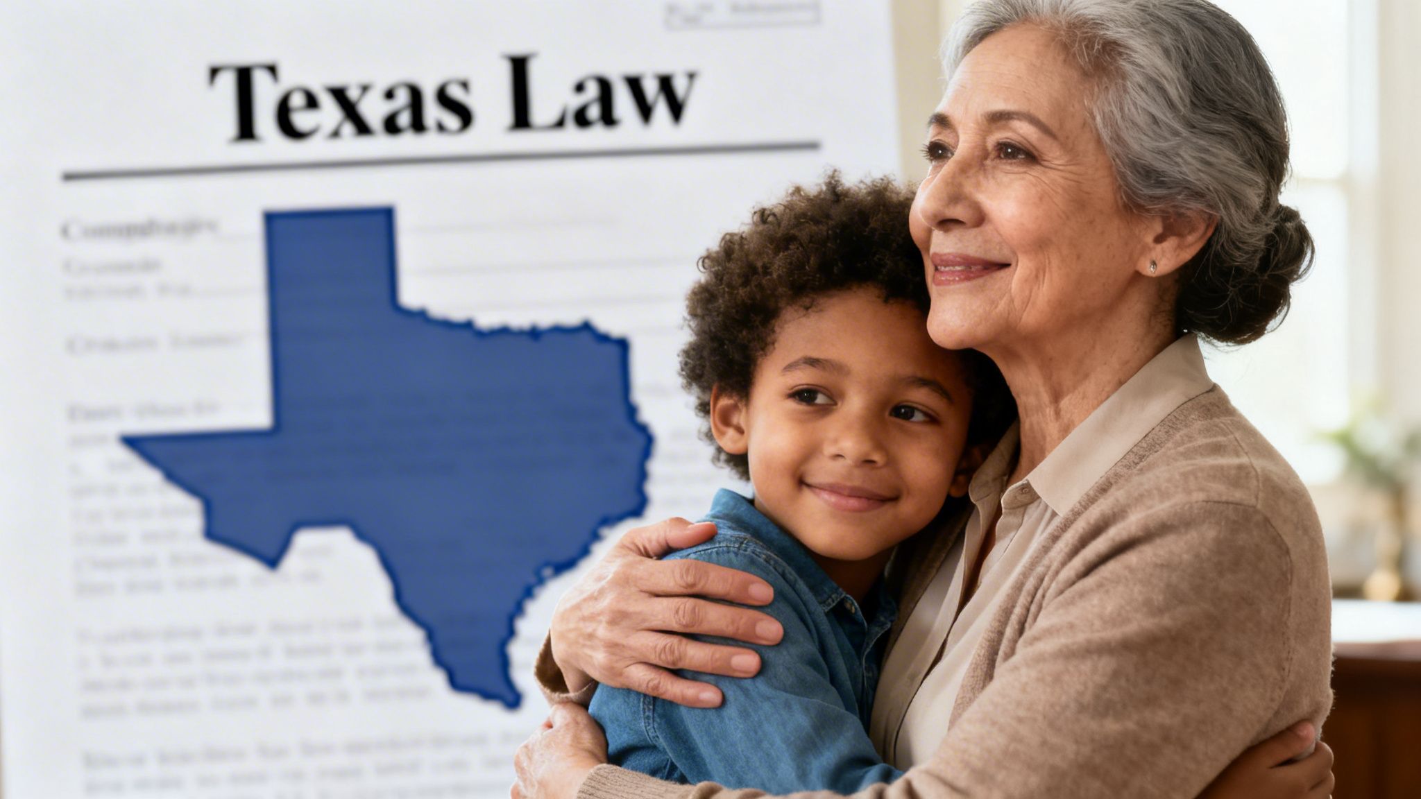 An elderly woman smiling and embracing her young grandson with a blurred document background regarding Texas law.