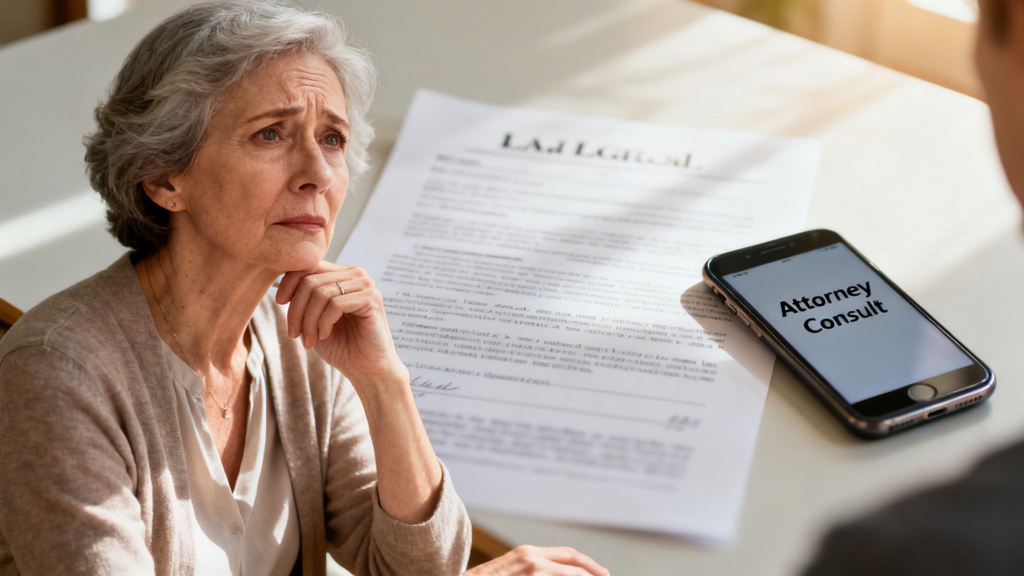 A concerned senior woman sitting with an attorney for a professional consultation about legal documents.