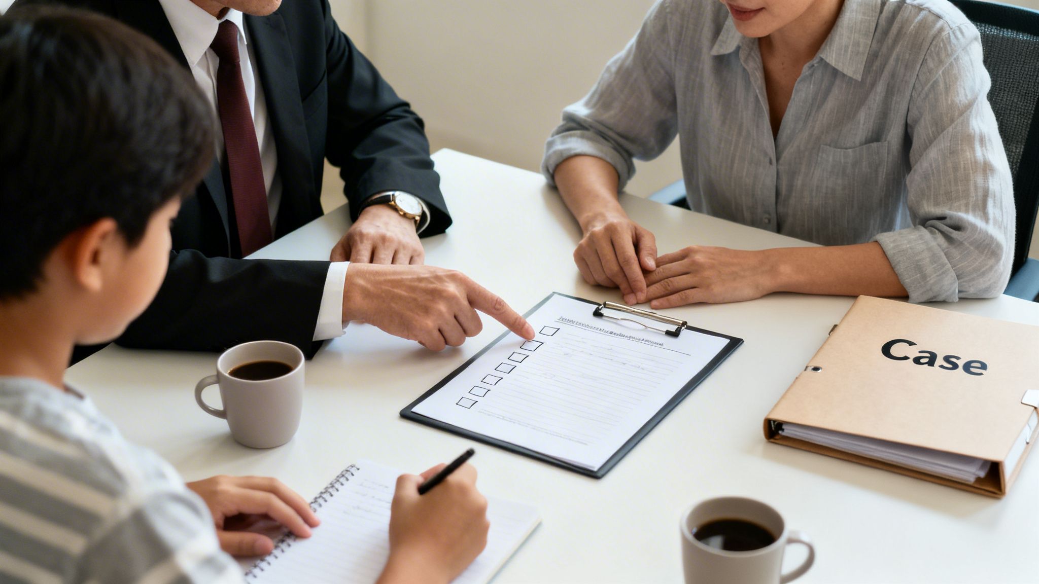 Professional man pointing at a checklist during a serious meeting with a woman and child, a 'Case' folder nearby.
