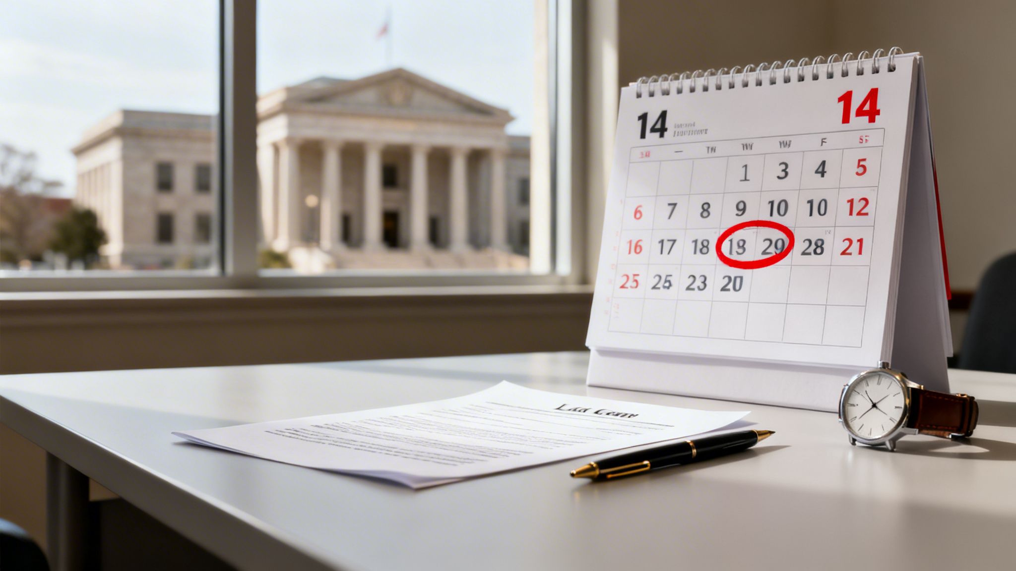 A desk with a calendar showing circled dates, a legal document, pen, and watch, with a courthouse outside.
