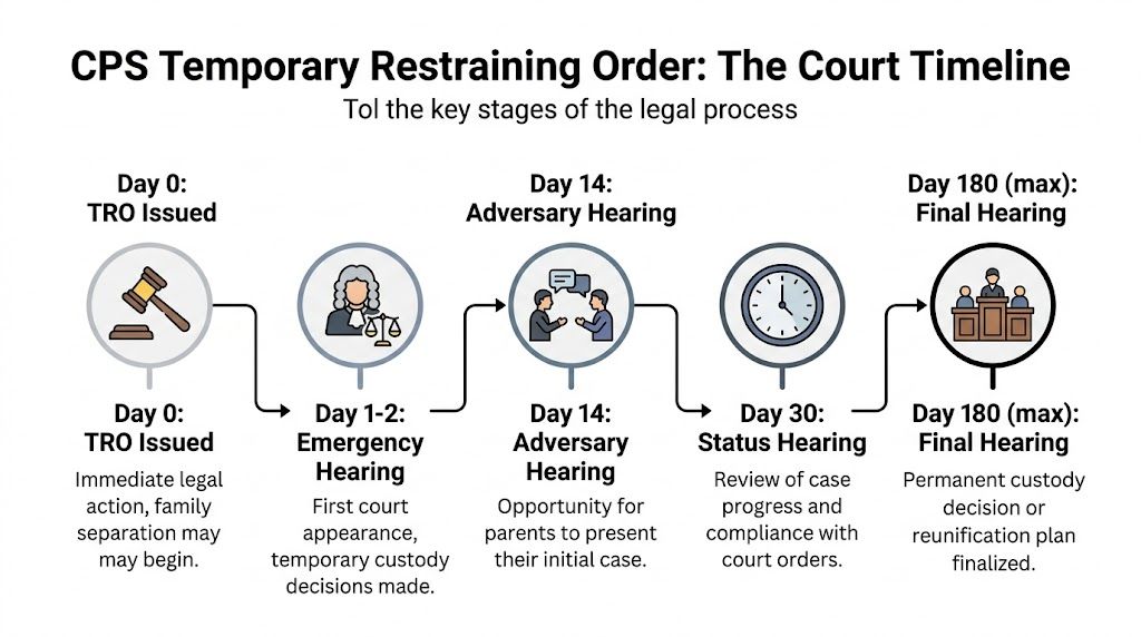 A timeline chart illustrating the legal process and key hearing stages of a CPS temporary restraining order.