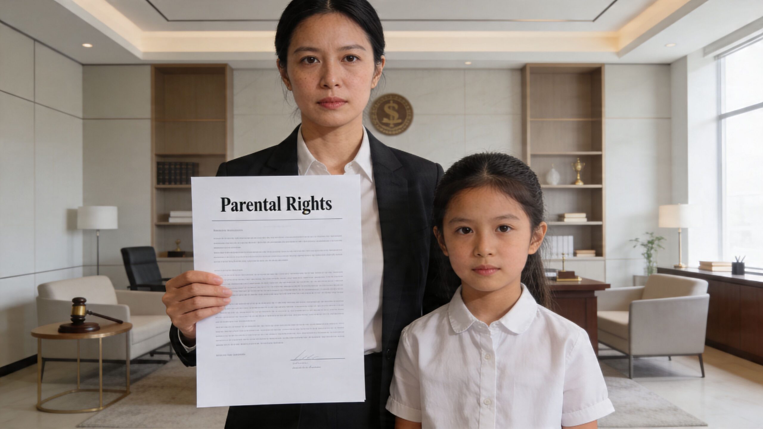 A woman in a professional suit holds a document labeled Parental Rights beside a young girl.