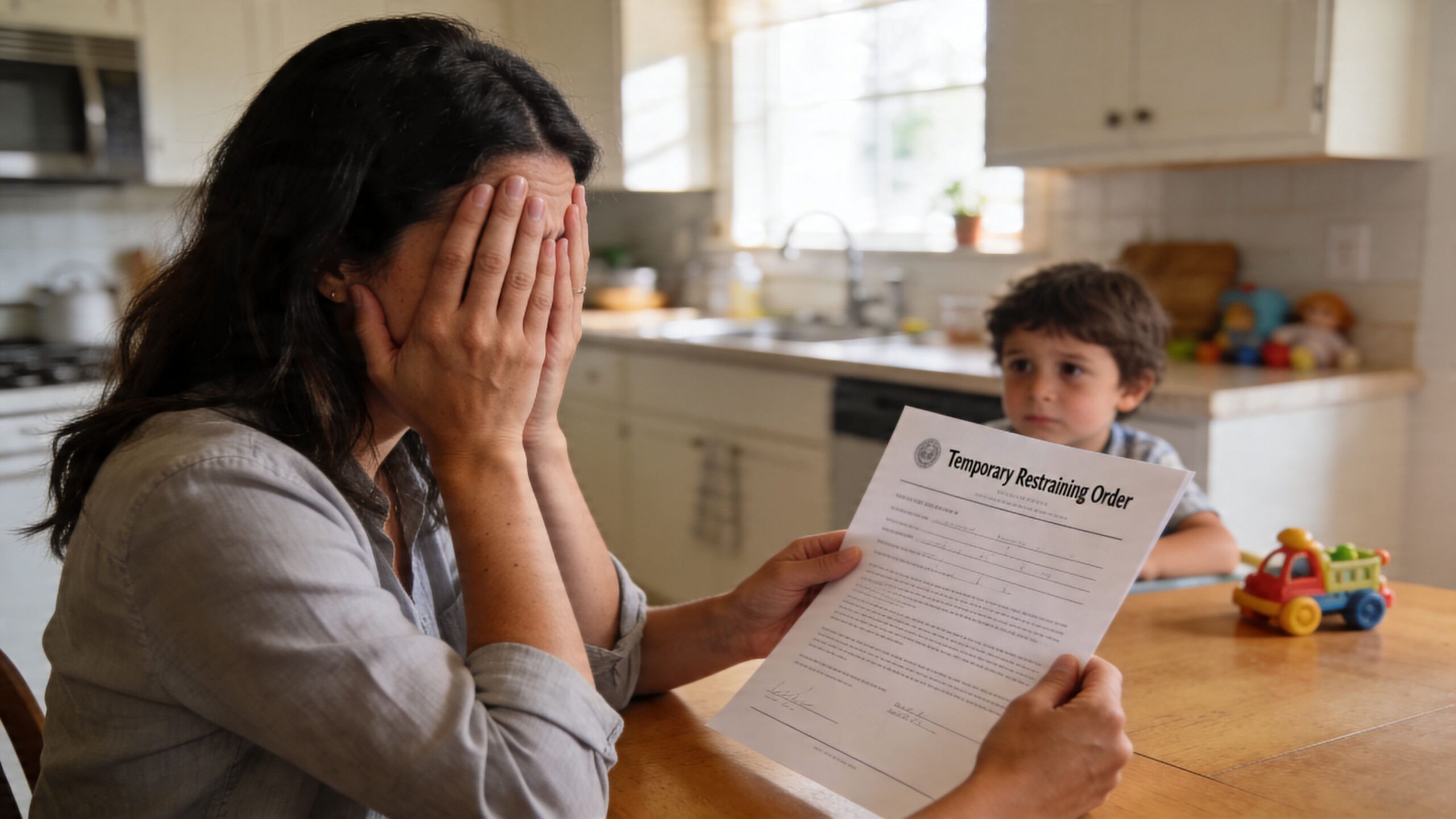 A distressed mother holds a temporary restraining order document while covering her face, sitting with her child.
