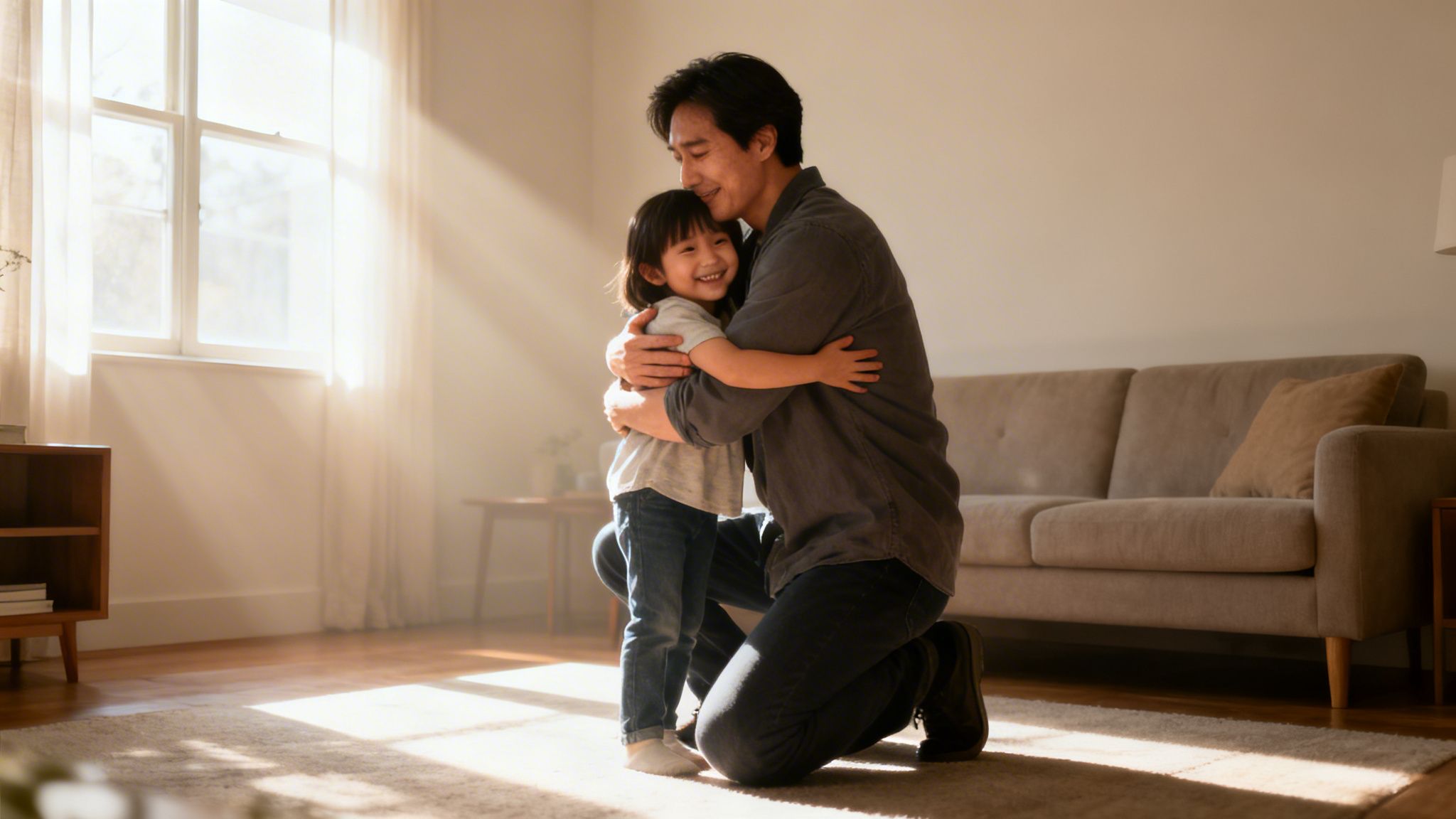 An Asian father kneels and hugs his smiling daughter in a sunlit living room.