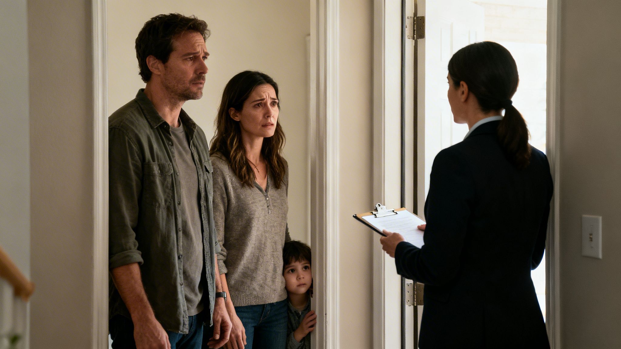 An anxious family, including a child, listens to a professional woman at their home's doorway.