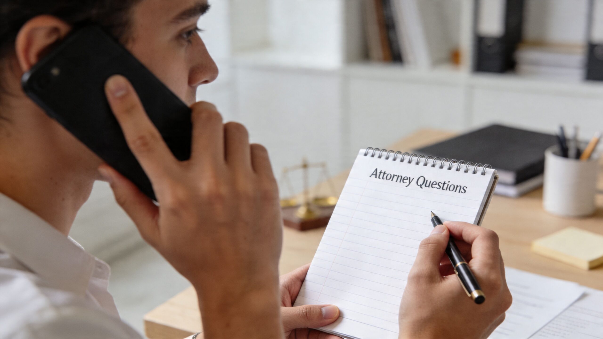 A professional holding a phone and writing on a notepad labeled Attorney Questions at a desk.