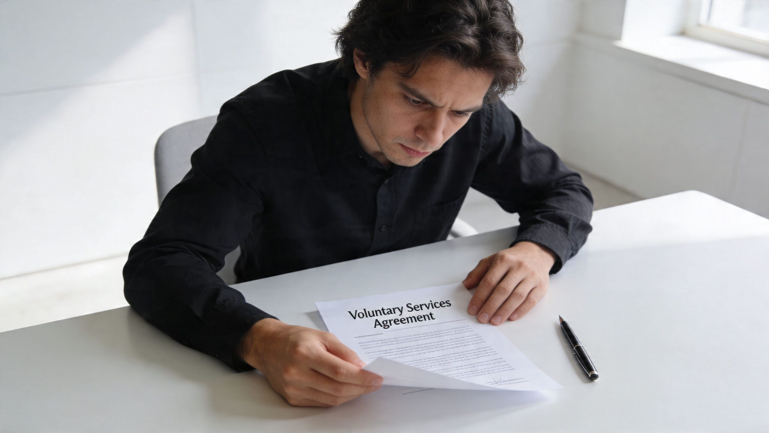 A young man sits at a white desk reading a Voluntary Services Agreement document with a pen nearby.