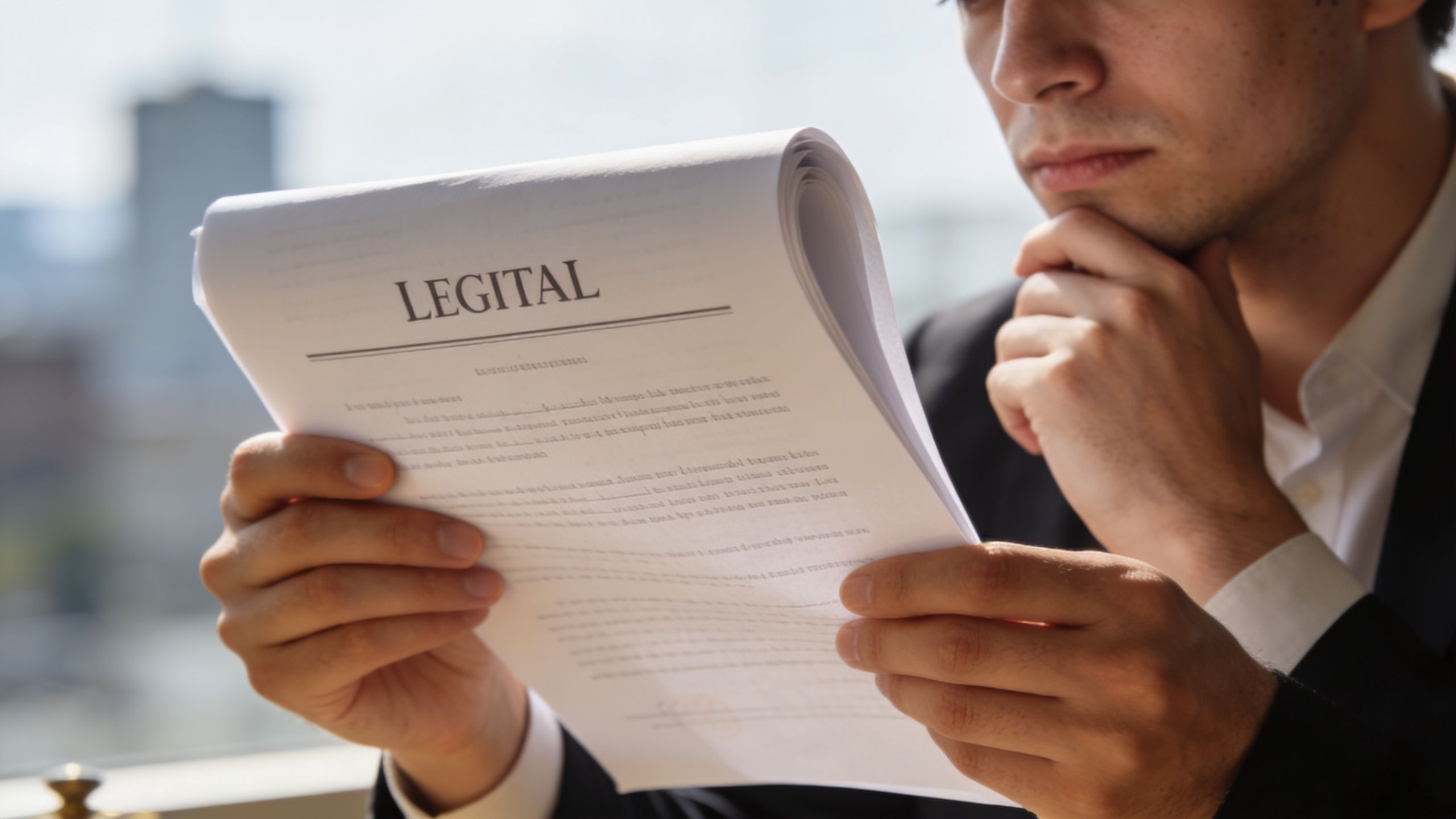 A businessman in a suit intently studying a legal document with the misspelled heading Legital.